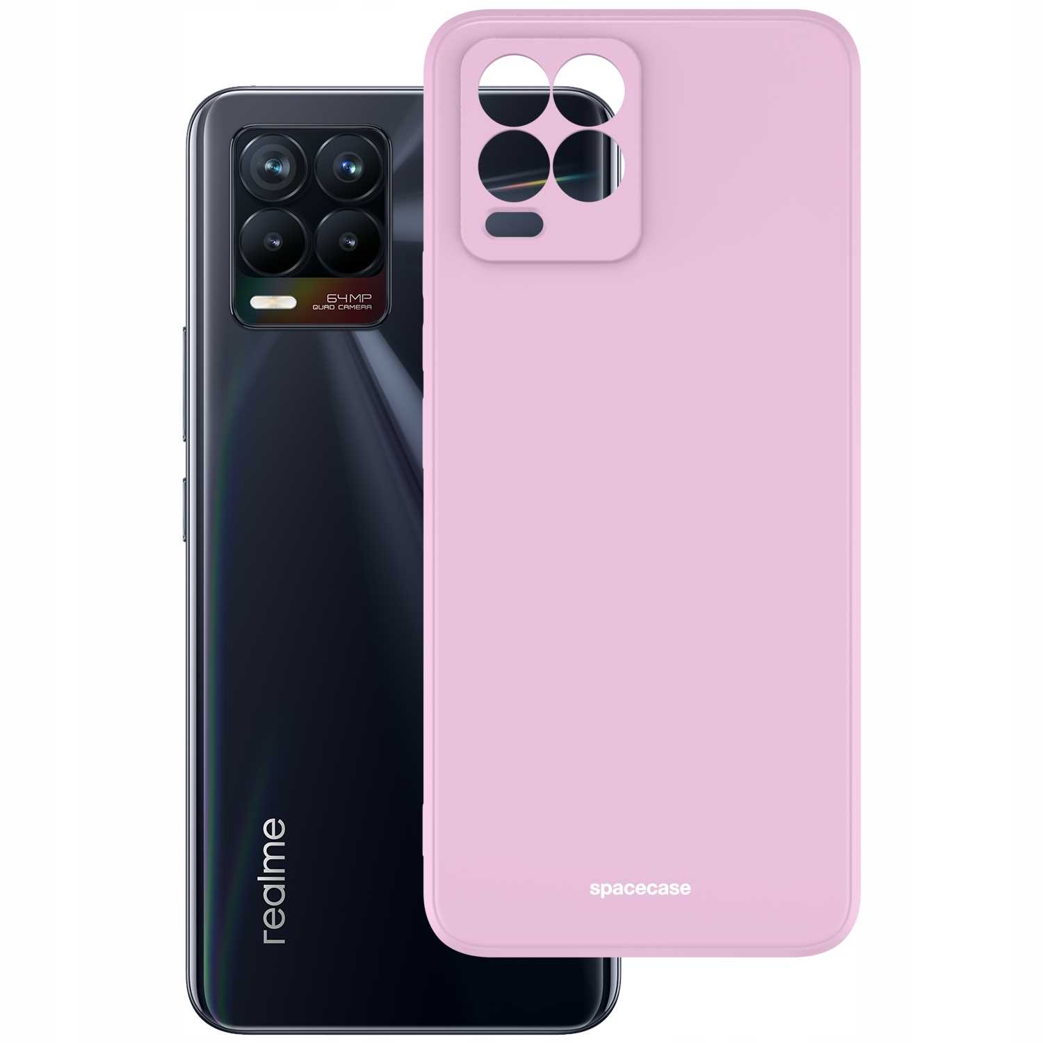 Czarny telefon Realme obok jasno różowego etui na telefon z wycięciami na aparat. Na obudowie znajduje się napis „spacecase”.