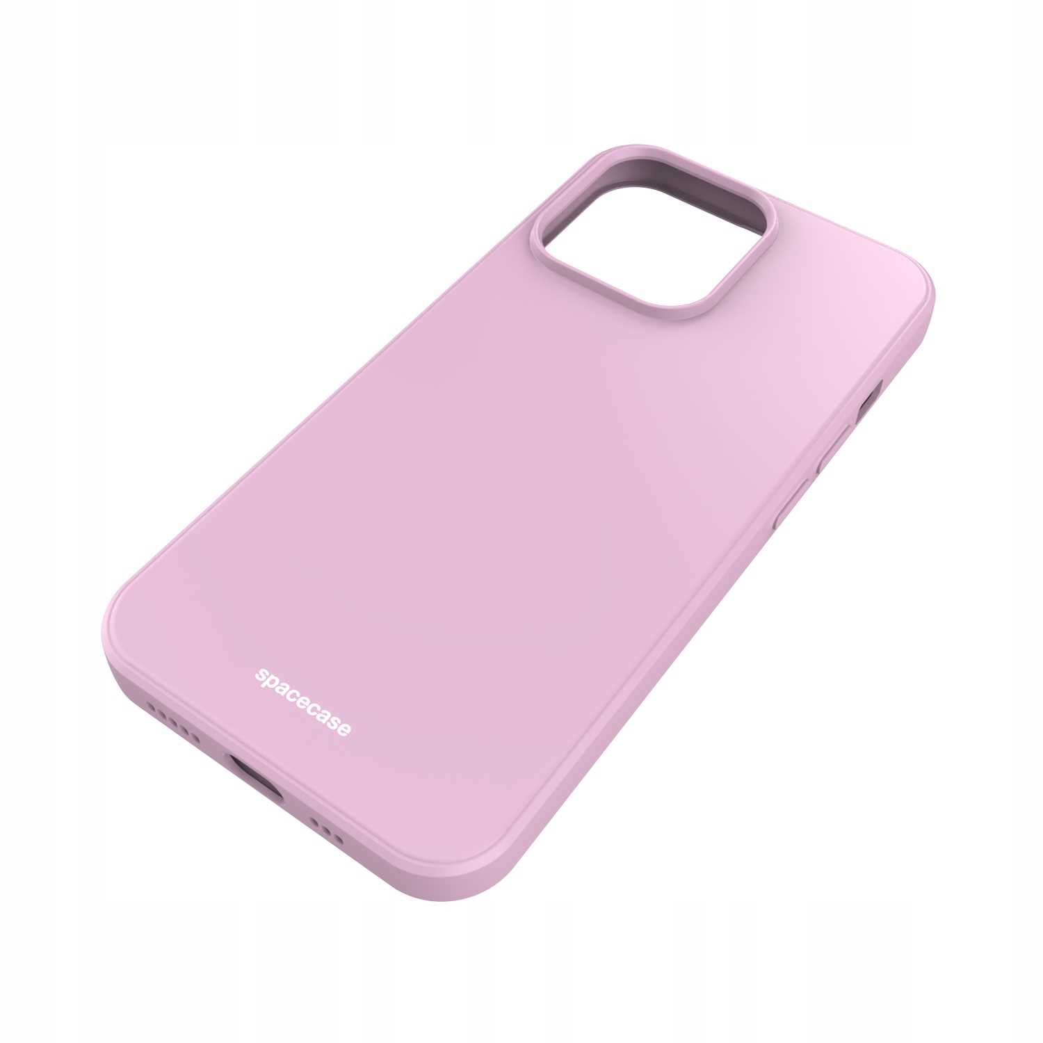 Różowe etui na telefon pod kątem, z logo „spacecase” i wycięciem na aparat.