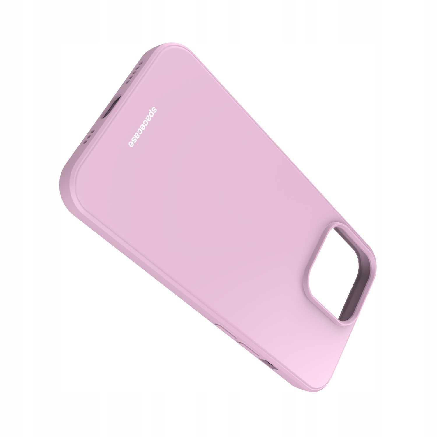Różowe etui na telefon z wycięciem na aparat, ustawione pod kątem, aby pokazać logo „spacecase”.