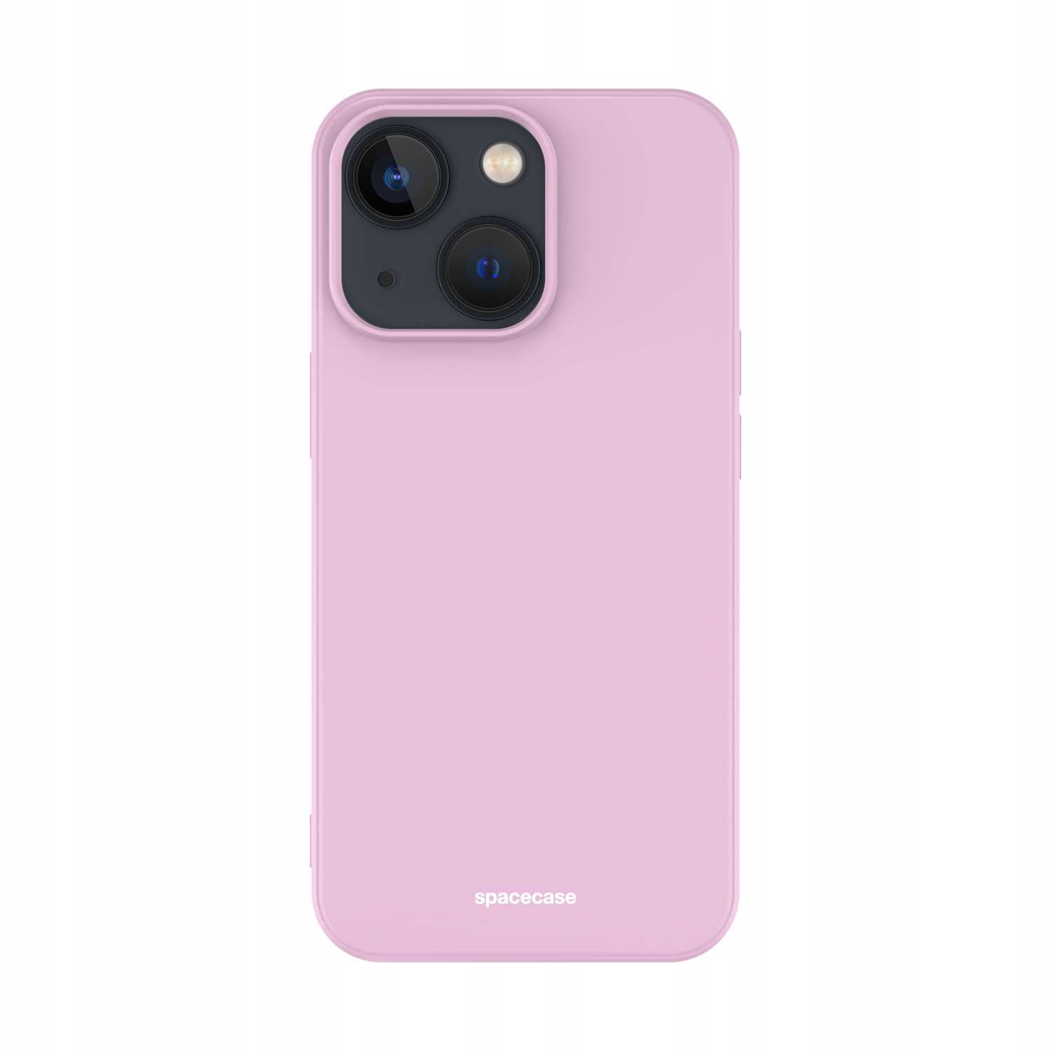 Różowe etui na telefon z widocznymi obiektywami aparatu, prezentujące branding „spacecase” na dole.