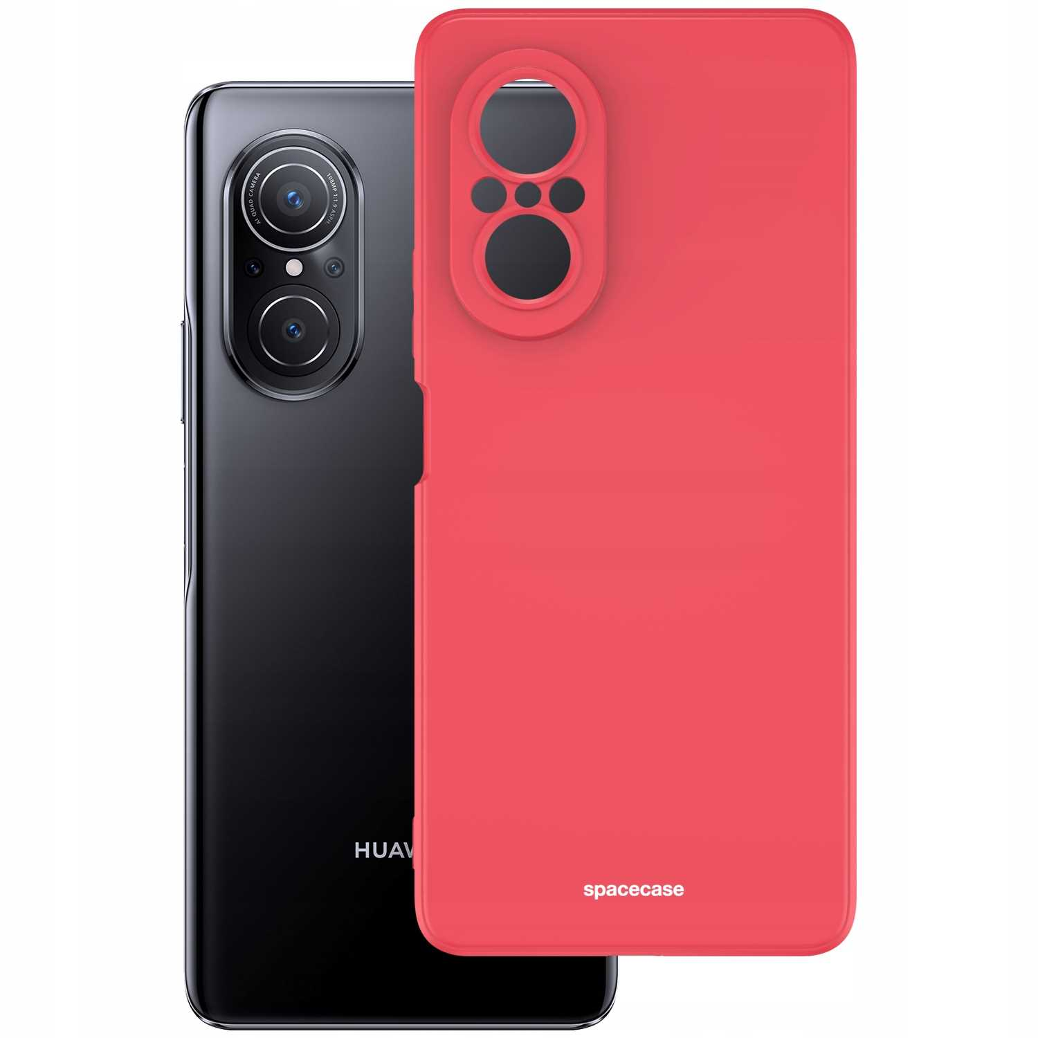 Czarny telefon obok czerwonego etui, oba z marką 'spacecase'.