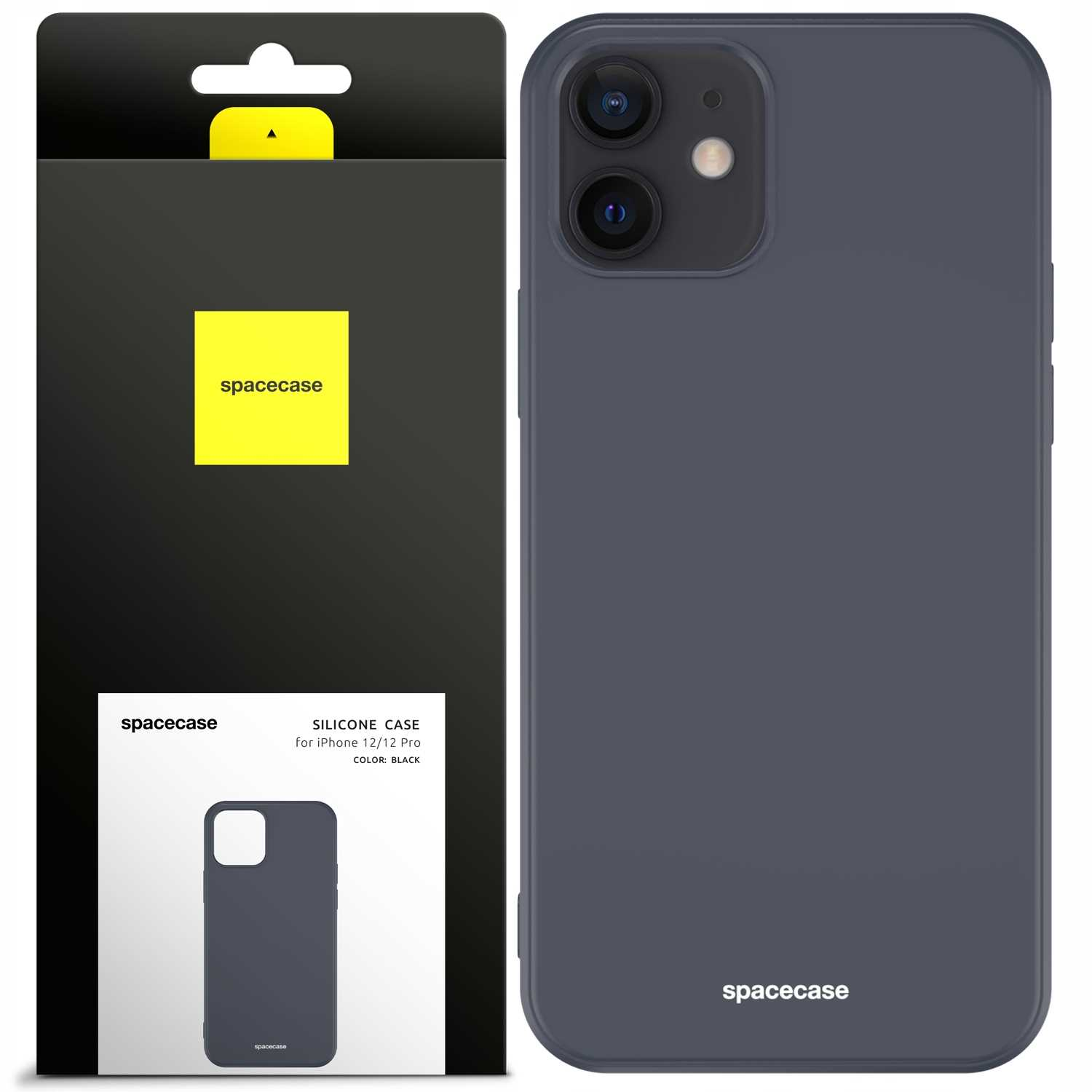 Ciemnoszare etui na telefon i opakowanie z napisem „spacecase” na białym tle.