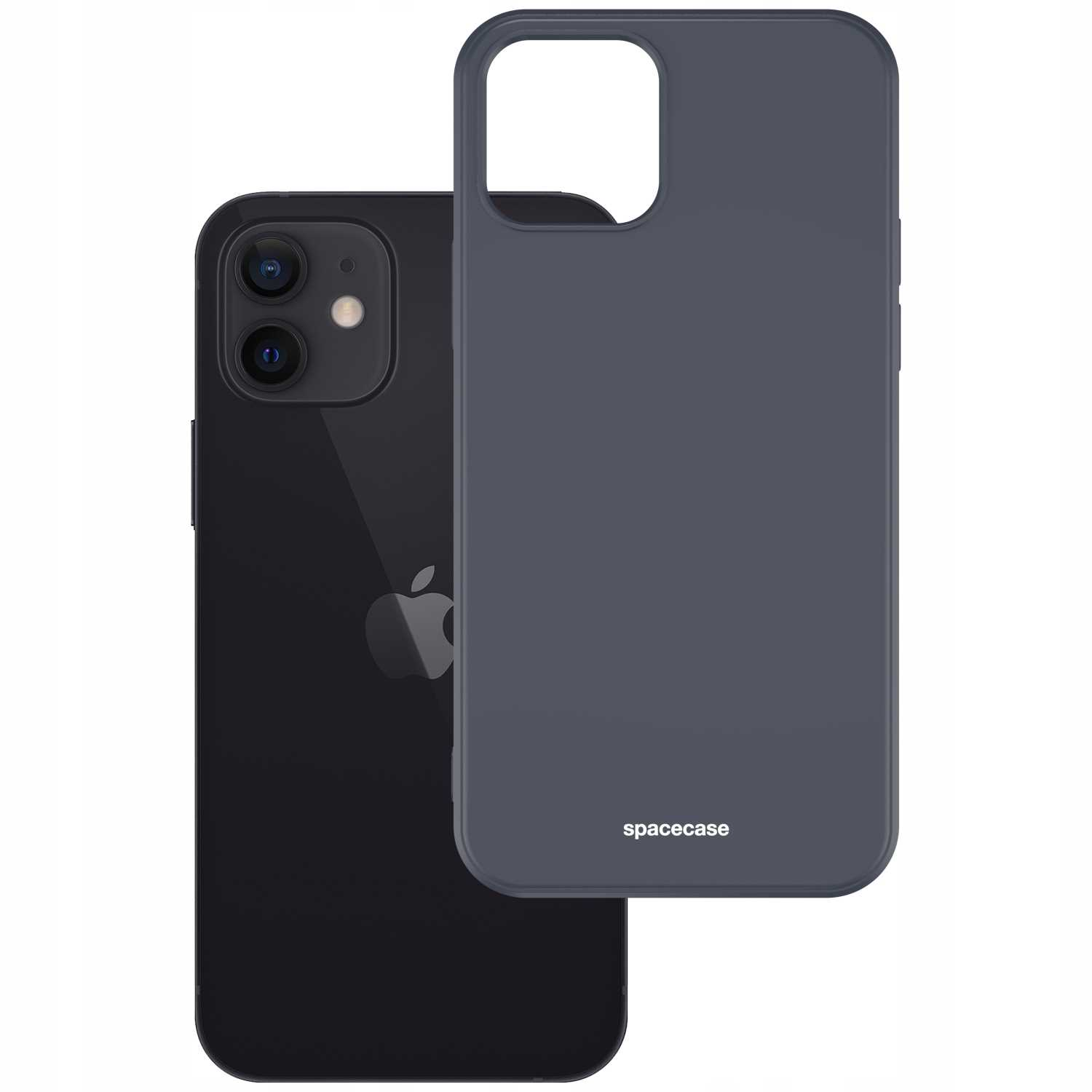 Ciemnoszare etui na telefon z logo „spacecase”, obok czarnego telefonu na białym tle.