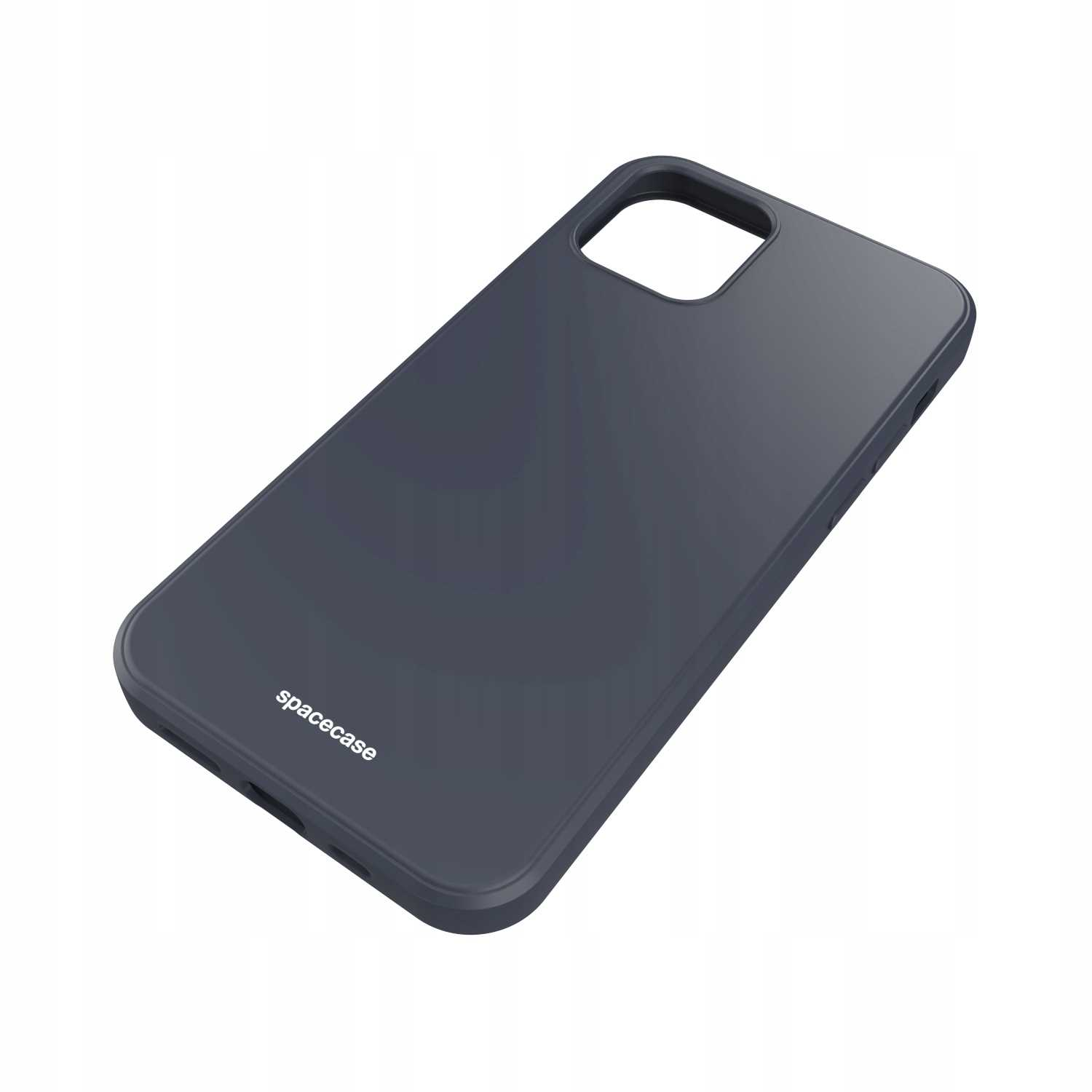 Ciemnoniebieskie etui na telefon z napisem „spacecase”. Etui leży na białej powierzchni.