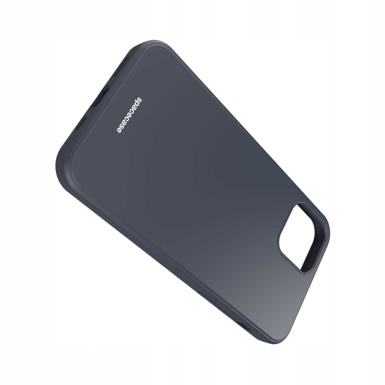 Ciemnoniebieskie etui na telefon z napisem „spacecase”. Etui leży na białej powierzchni.