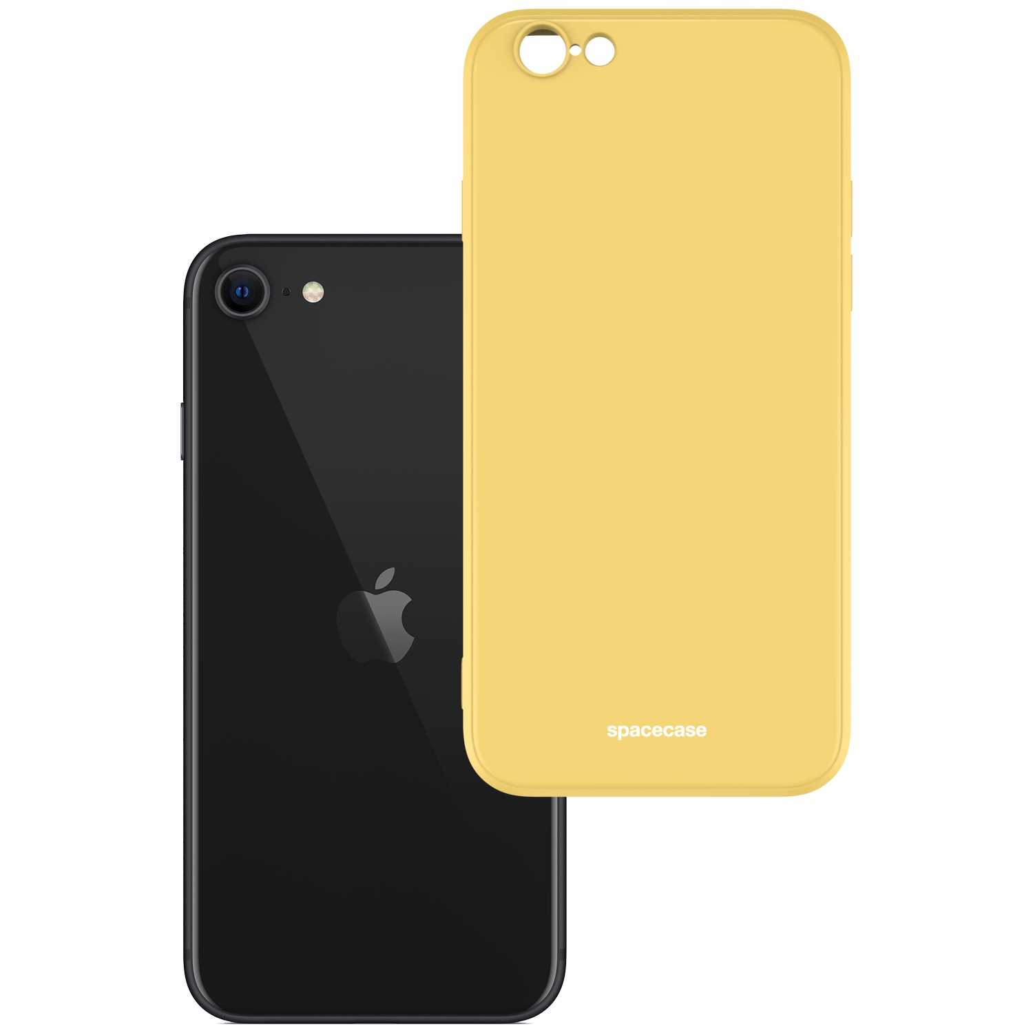 Czarny iPhone SE z żółtym etui obok, oba na białym tle.