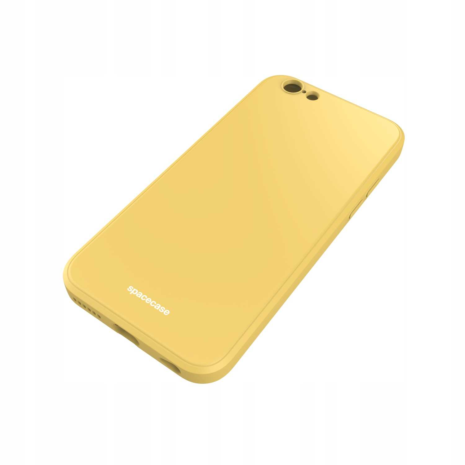 Żółte etui na telefon ze słowem „spacecase” z boku, na białym tle.