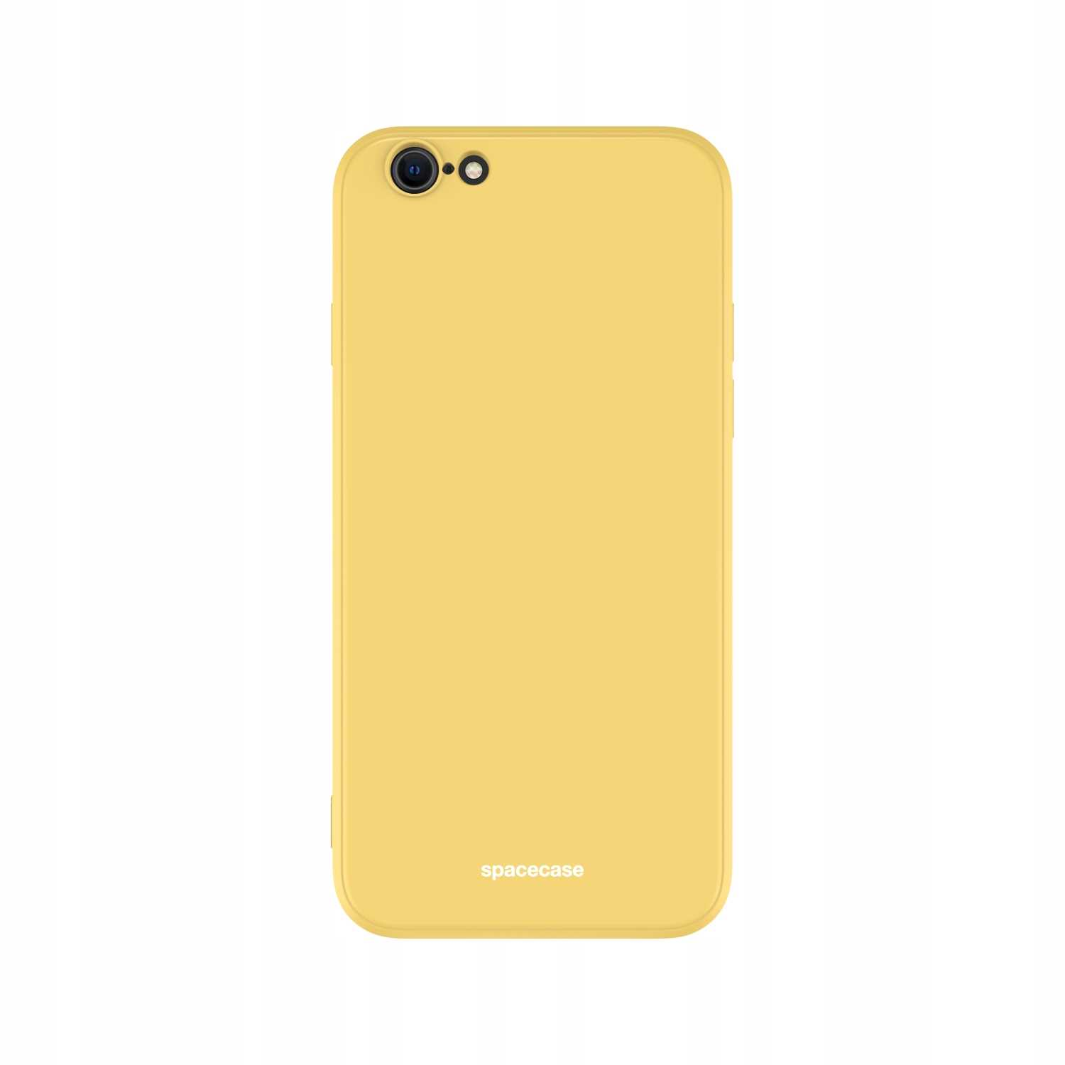 Żółte etui na telefon z wycięciem na aparat i brandingiem „spacecase” na białym tle.