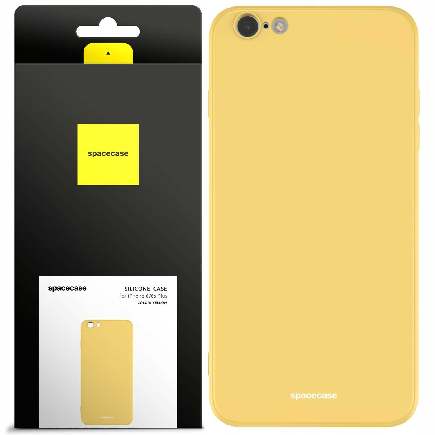 Żółte etui na telefon marki Spacecase jest prezentowane wraz z opakowaniem, ukazując jego design i funkcje.