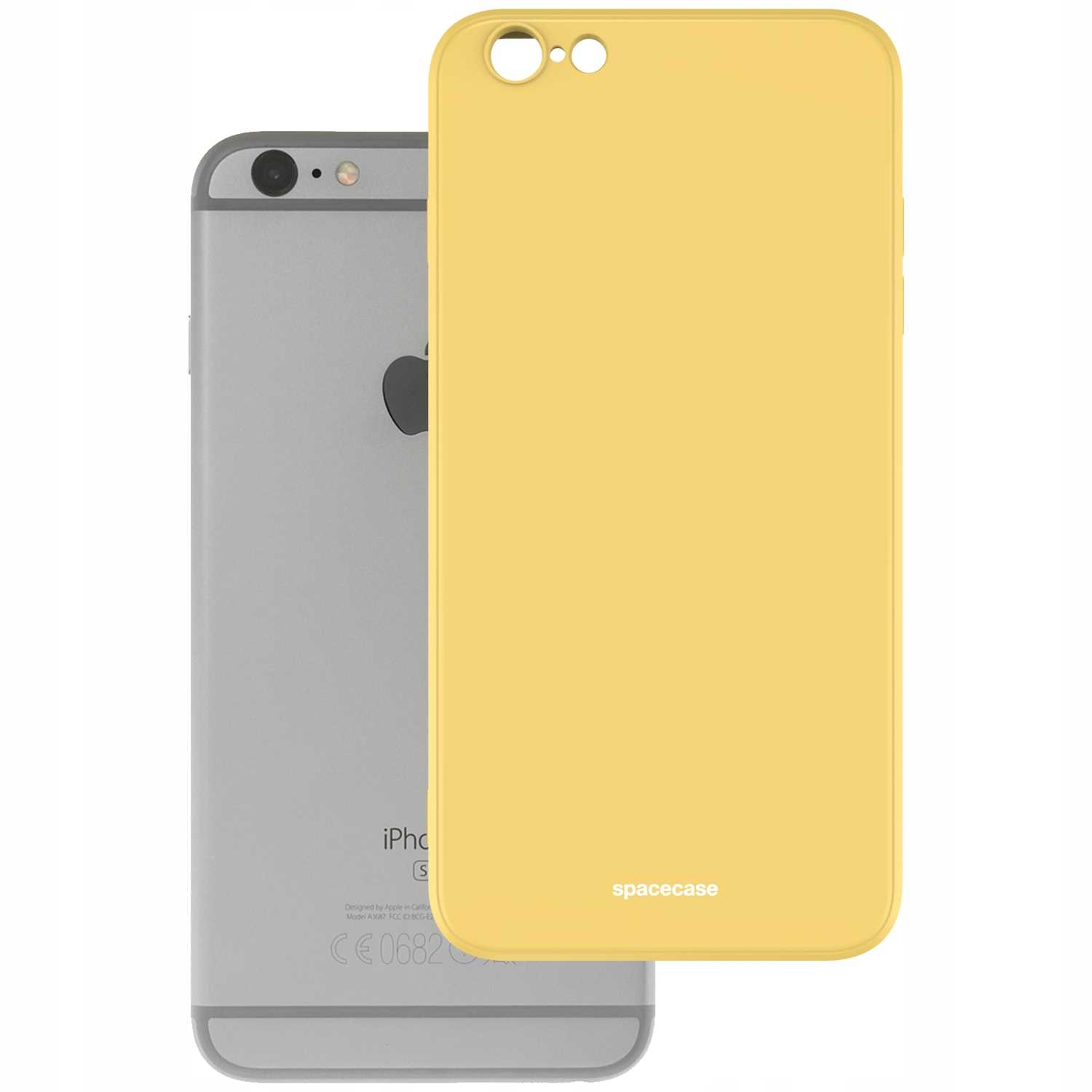Srebrny iPhone stoi obok żółtego etui na telefon marki Spacecase, oba na białym tle.