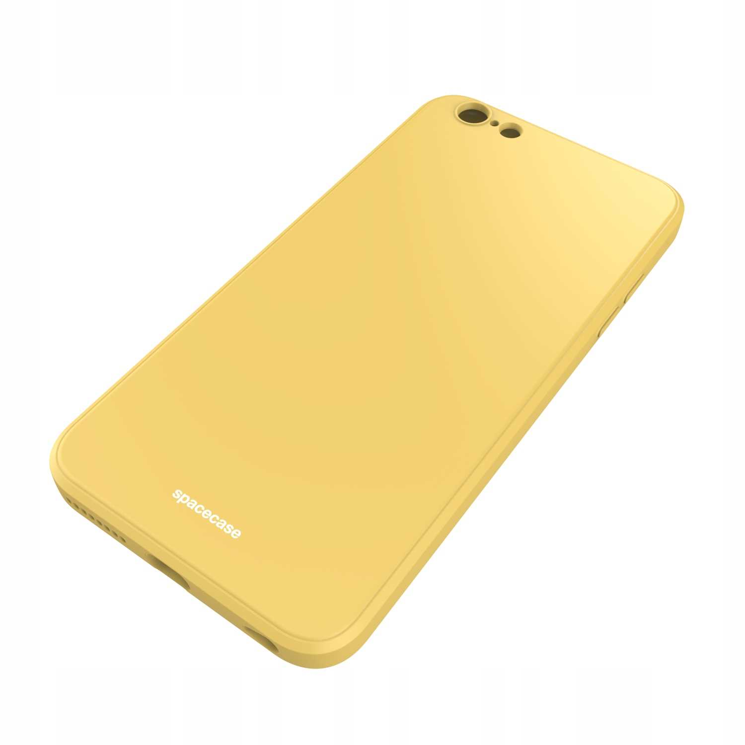 Żółte etui na telefon marki Spacecase jest prezentowane na białym tle, ukazując jego design i markę.