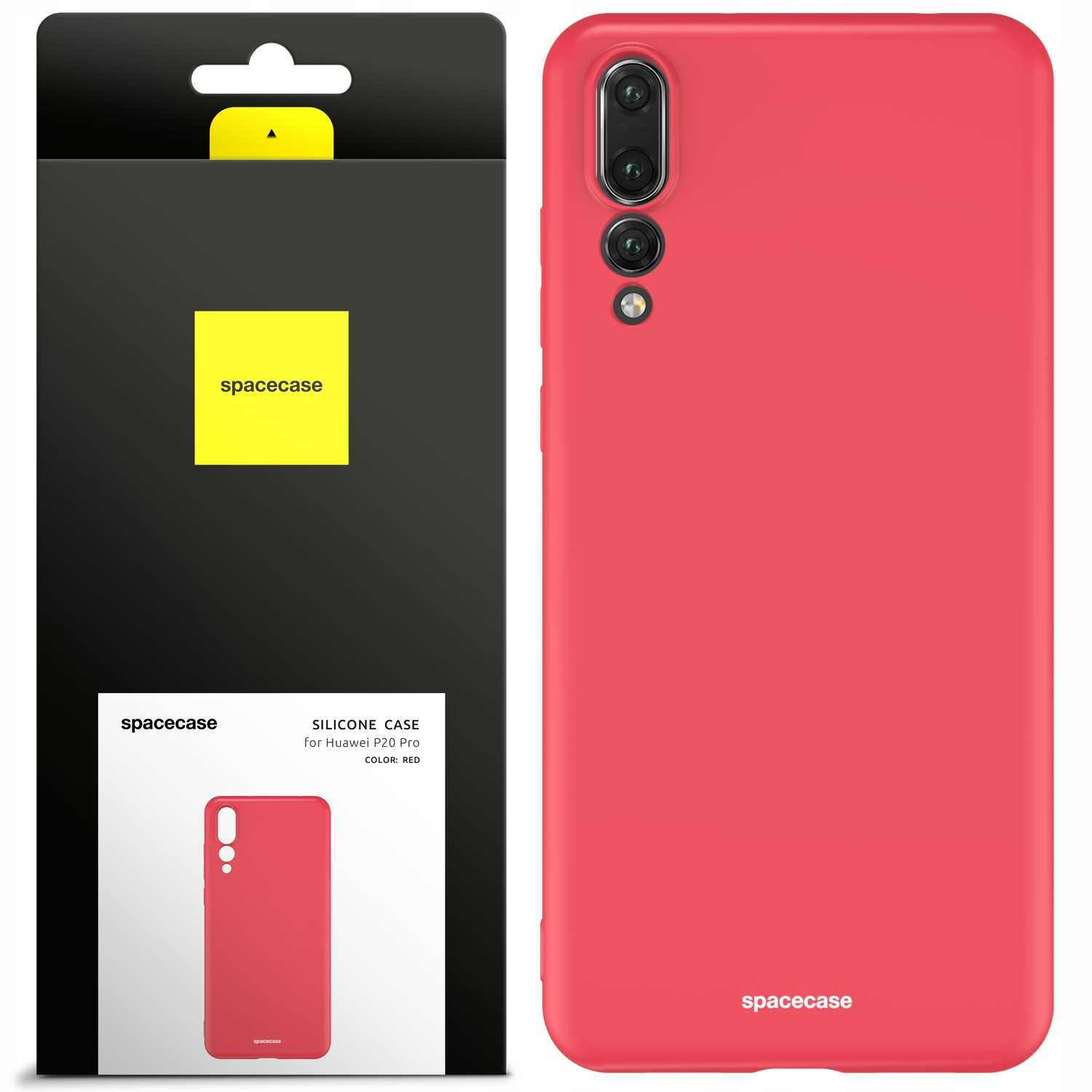 Czerwone etui na telefon w opakowaniu obok czerwonego etui na telefon, oba oznaczone jako „spacecase”.