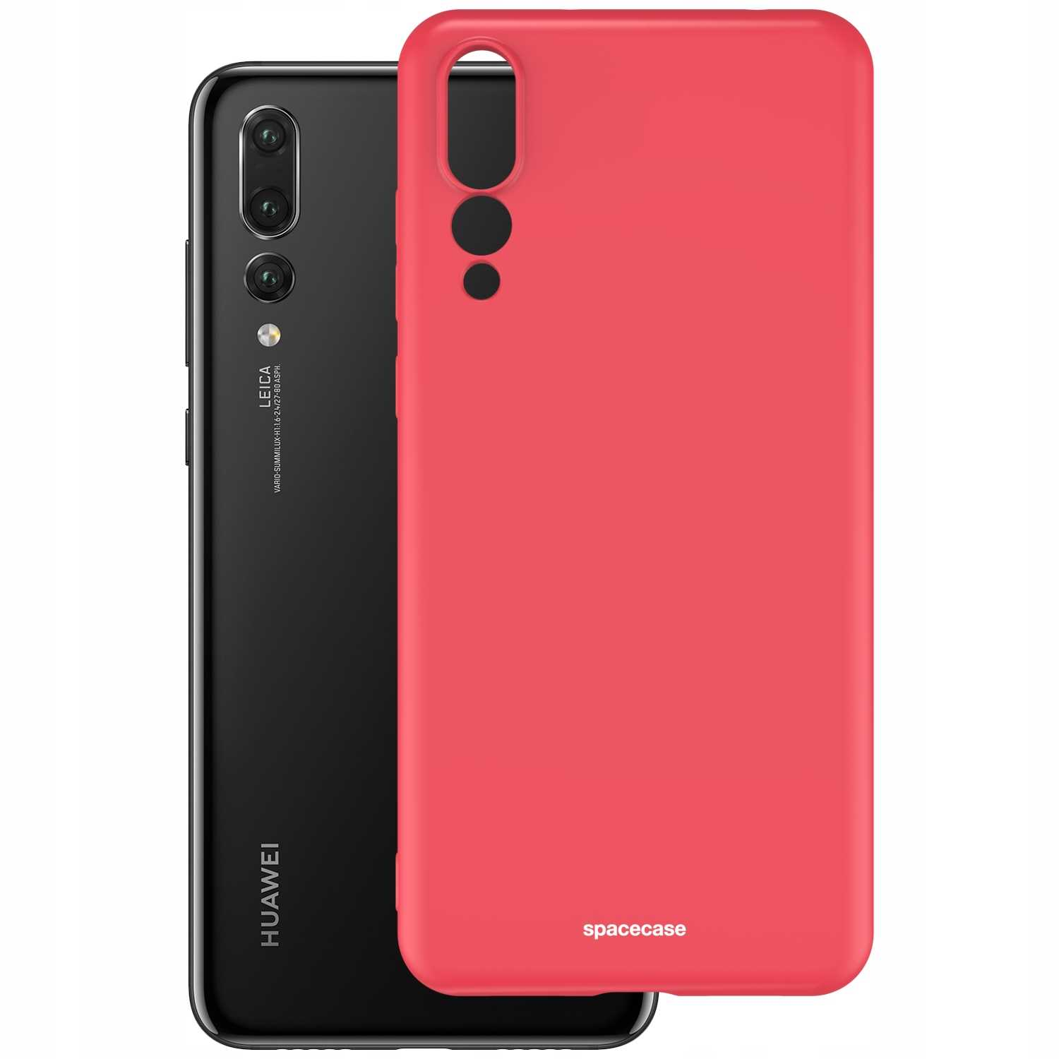 Czerwone etui na telefon obok czarnego telefonu Huawei na białym tle. Na etui nadrukowano „spacecase”.