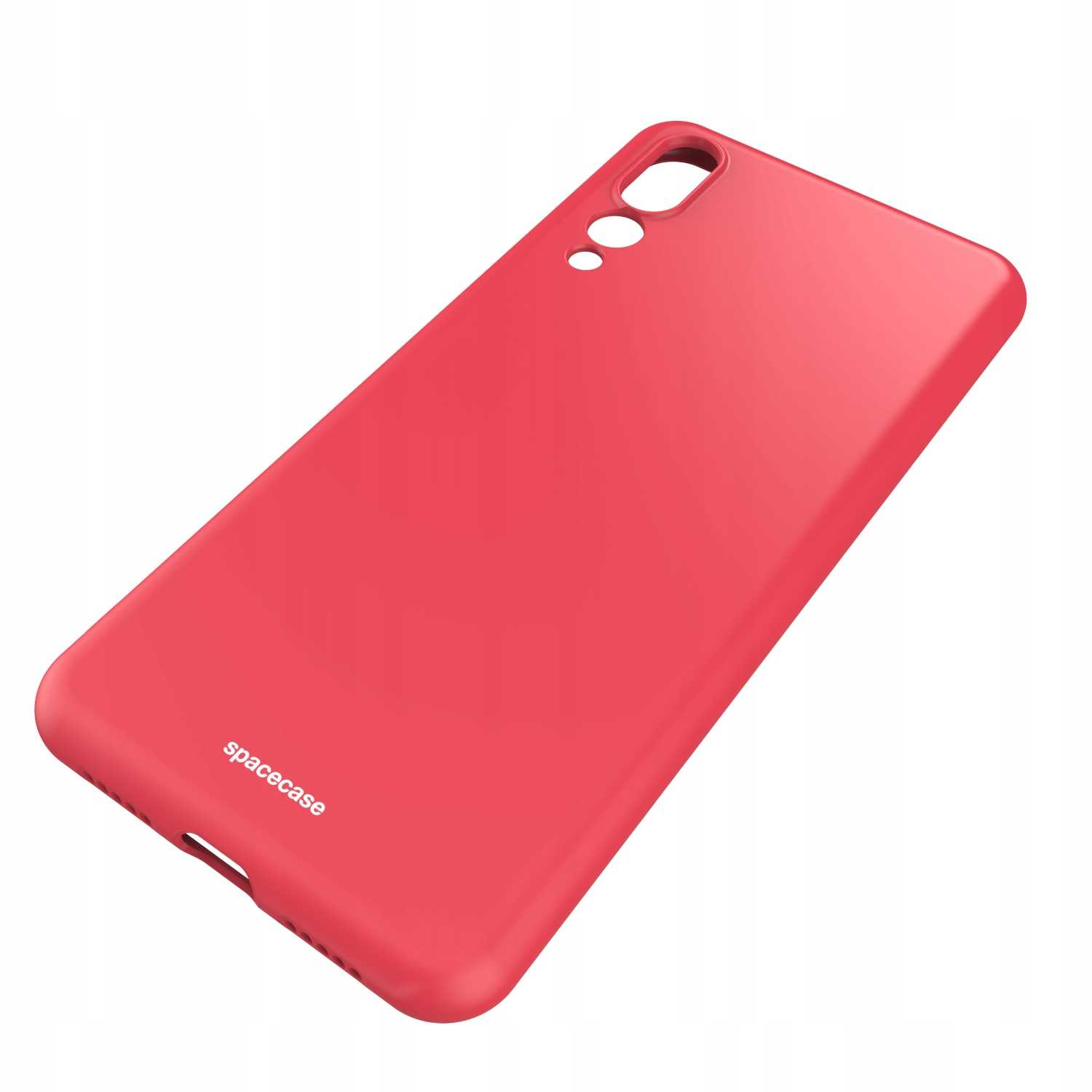 Czerwone etui na telefon z otworami na aparat i napisem „spacecase” jest ustawione pod kątem na białej powierzchni.