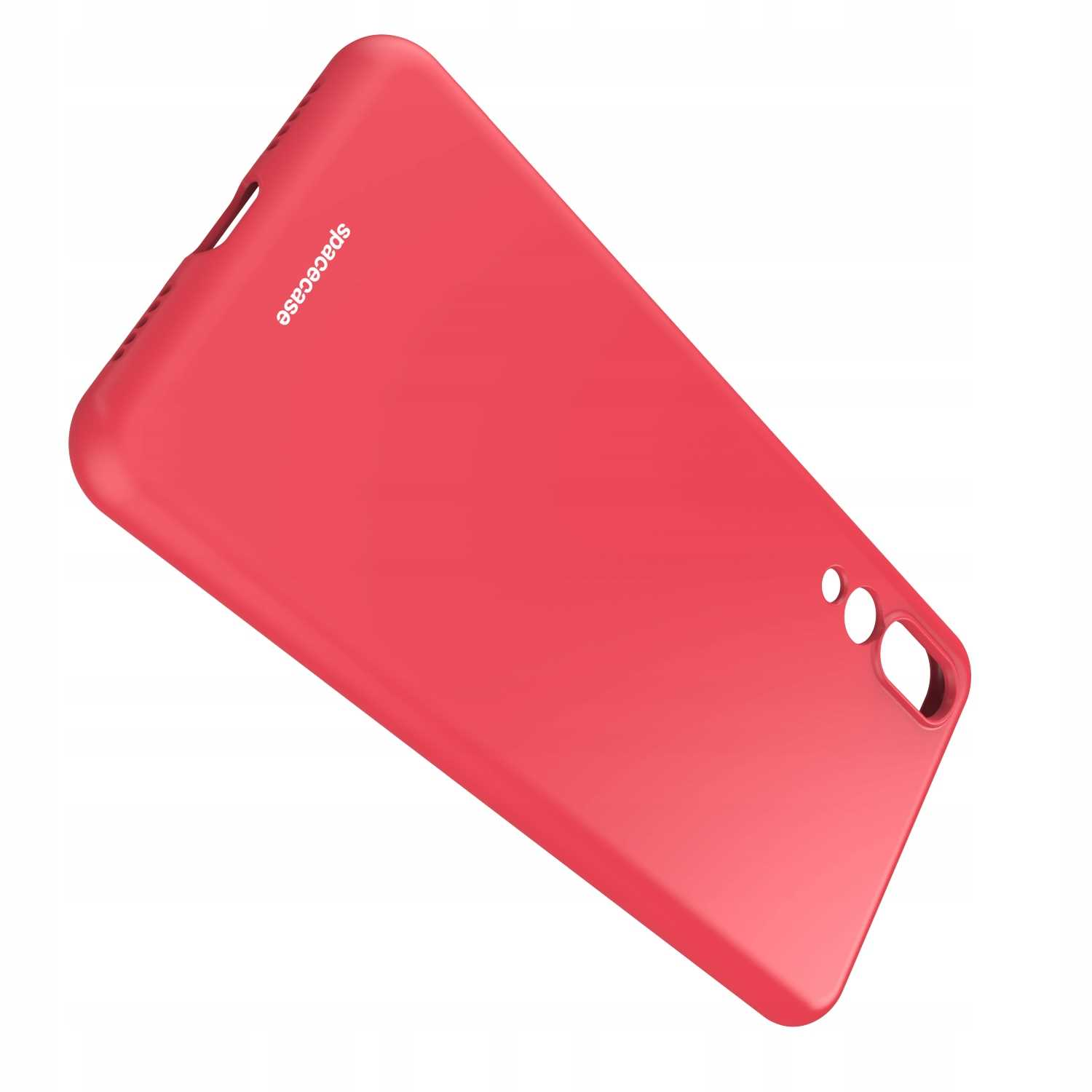 Ukośny widok czerwonego etui na telefon z wycięciami na aparat na białym tle.