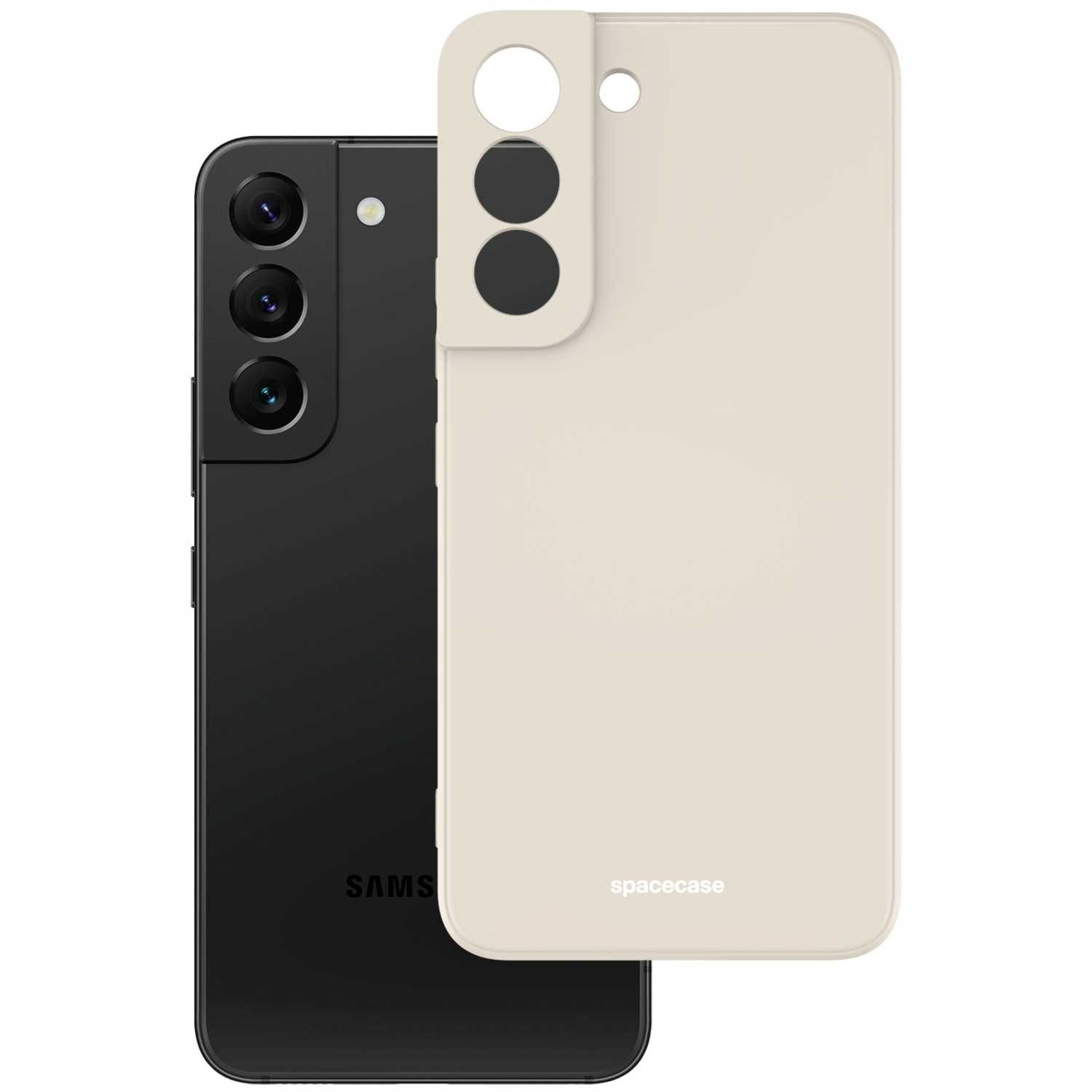 Czarny telefon Samsung obok beżowego etui na telefon 'spacecase', podkreślający otwory na obiektyw aparatu.