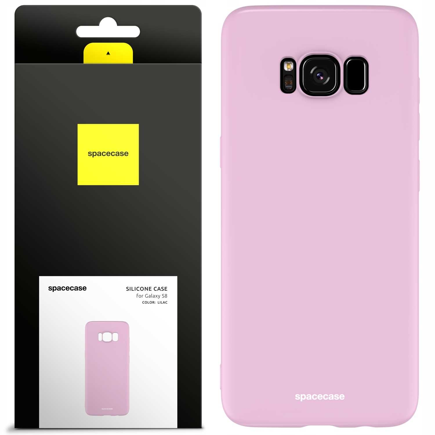 Liliowy 'spacecase' dla Galaxy S8 obok opakowania, prezentujący silikonowy design i branding.