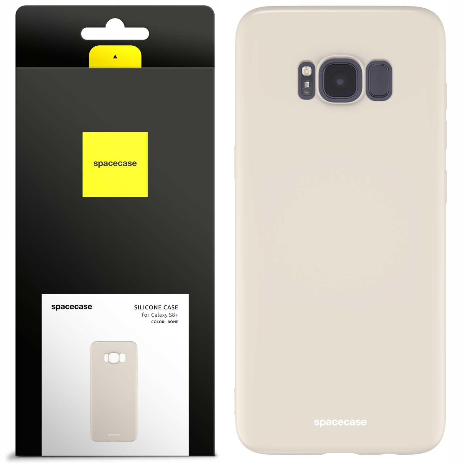 Etui na telefon w kolorze kości obok opakowania z żółtym logo „spacecase”.