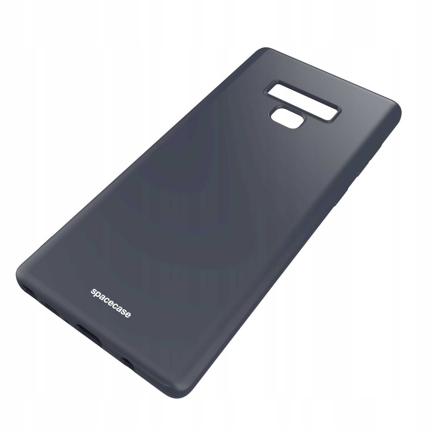 Granatowe etui na telefon „spacecase” ustawione pod kątem na białej powierzchni, widoczny wycięcie na aparat.