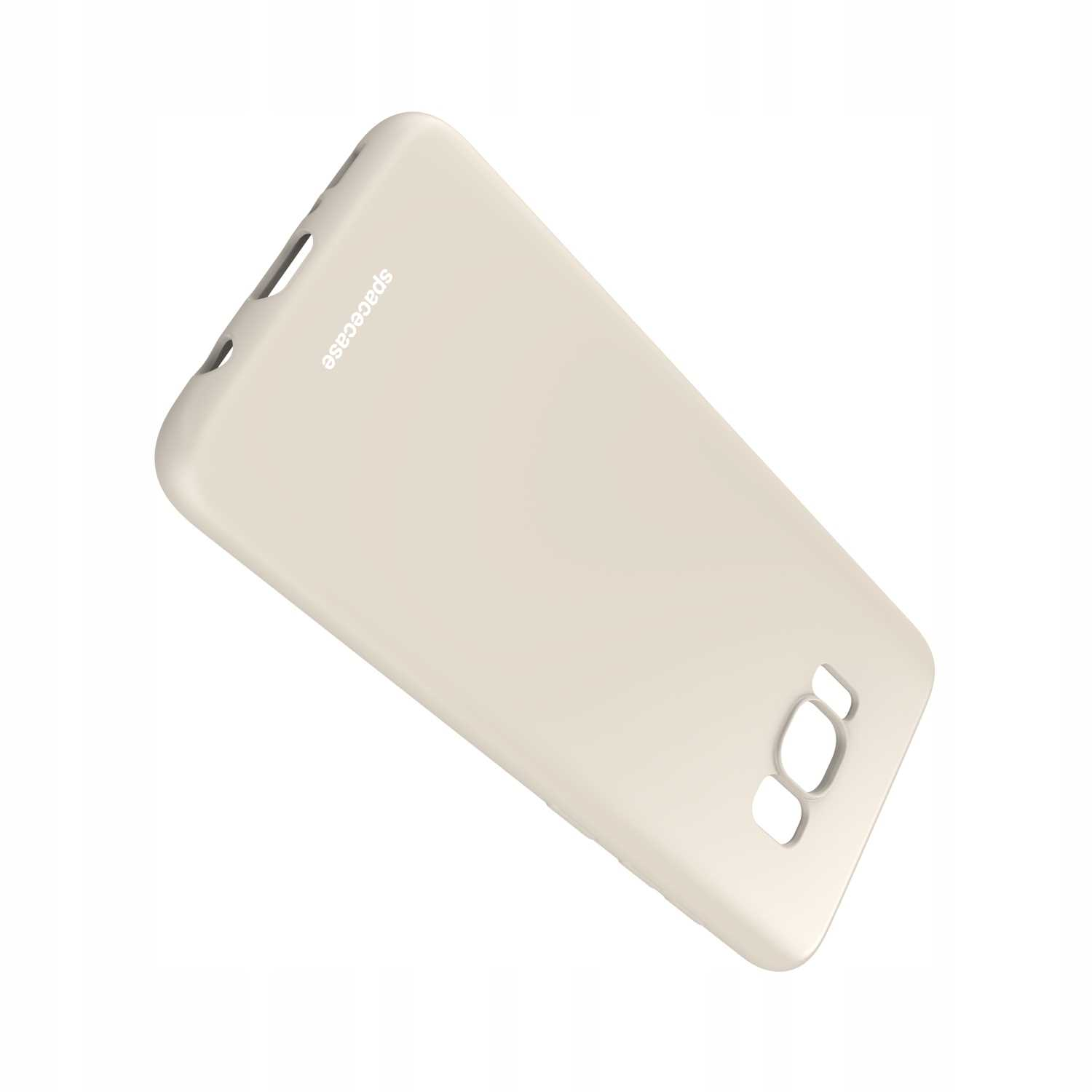 Beżowe etui na telefon jest ustawione pod kątem, aby pokazać jego kształt i wygląd, z logo „spacecase” widocznym z boku.