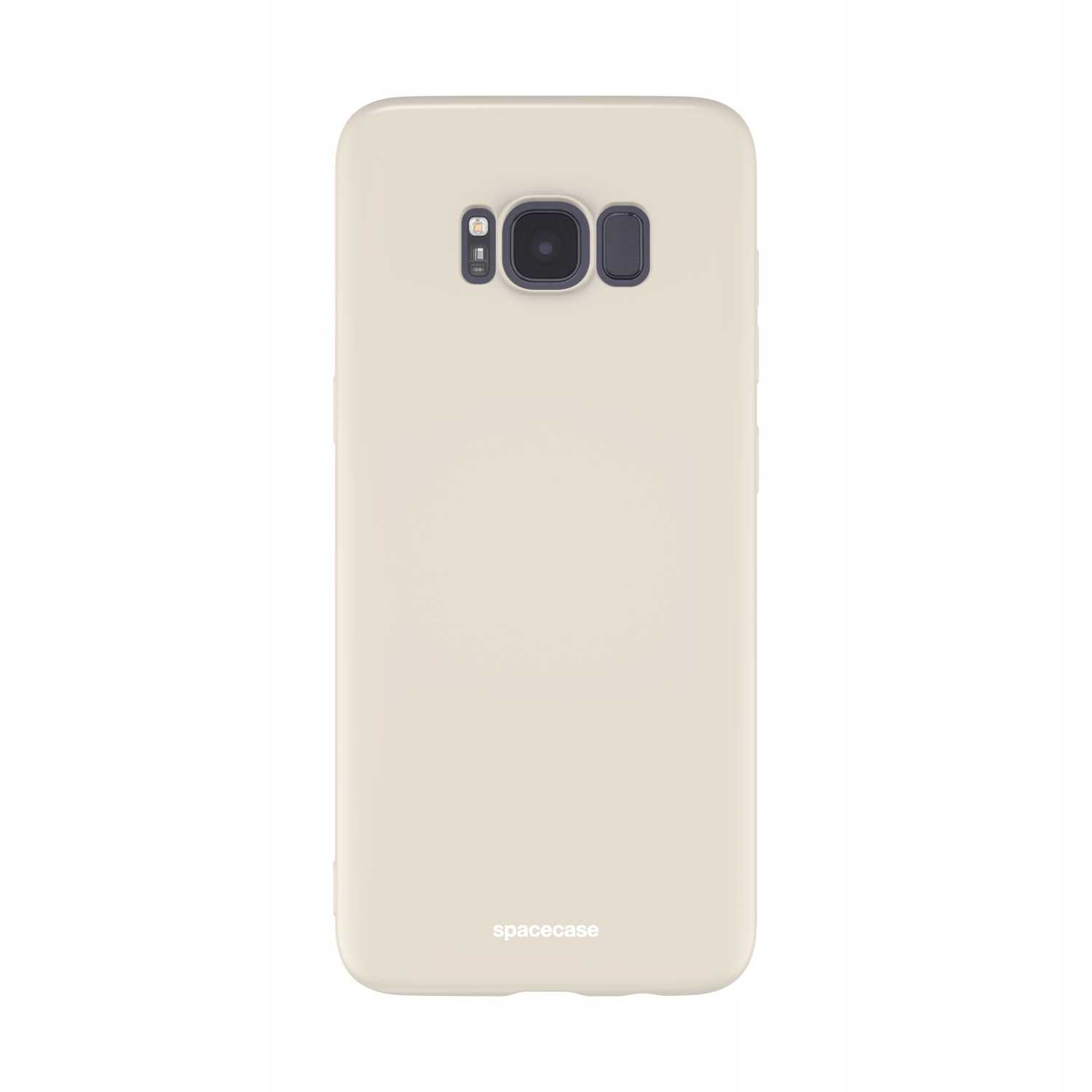 Kremowe etui na telefon pokazuje szczegóły aparatu i logo. Tło jest białe.