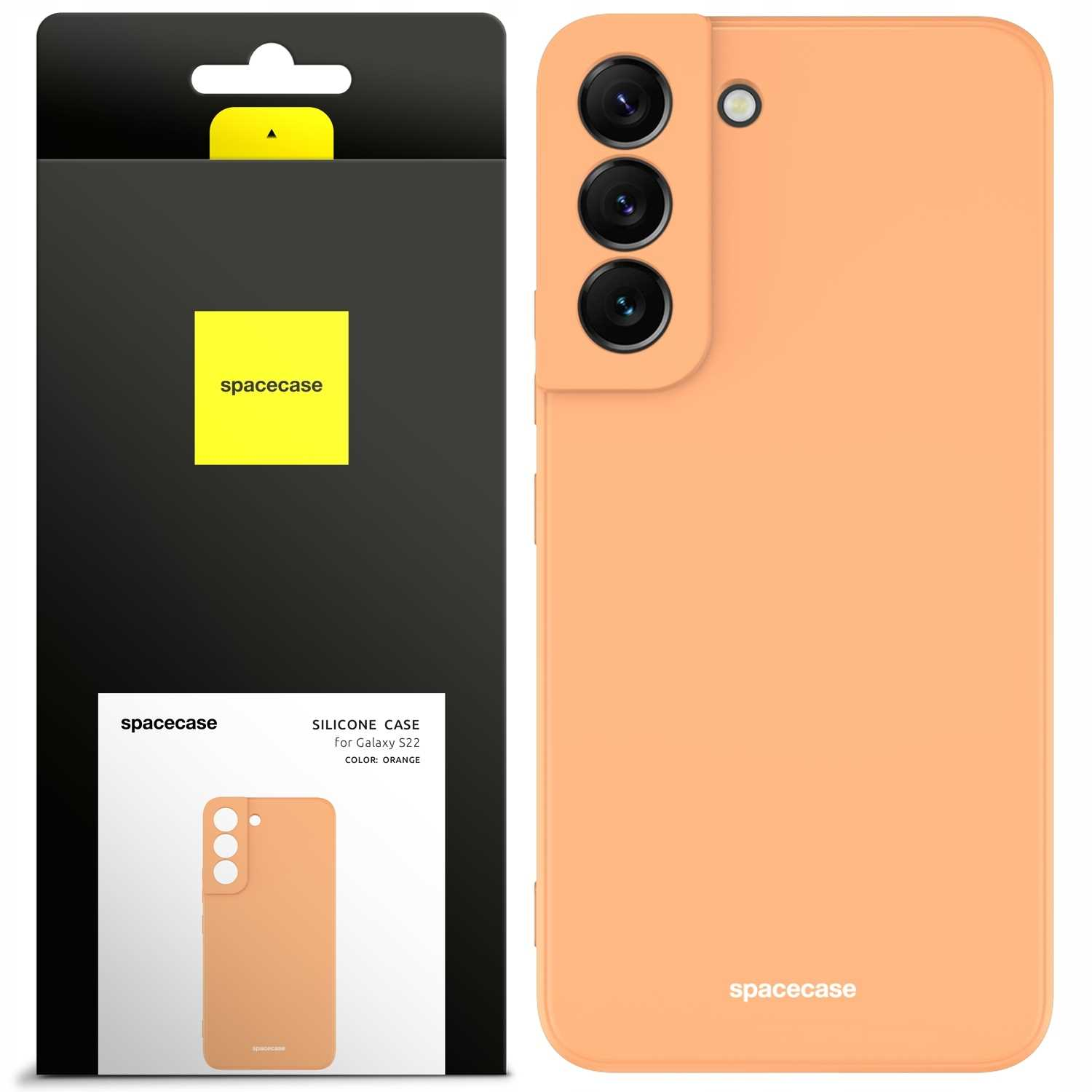 Pomarańczowe etui na telefon i opakowanie z logo „spacecase”, prezentujące wygląd produktu.
