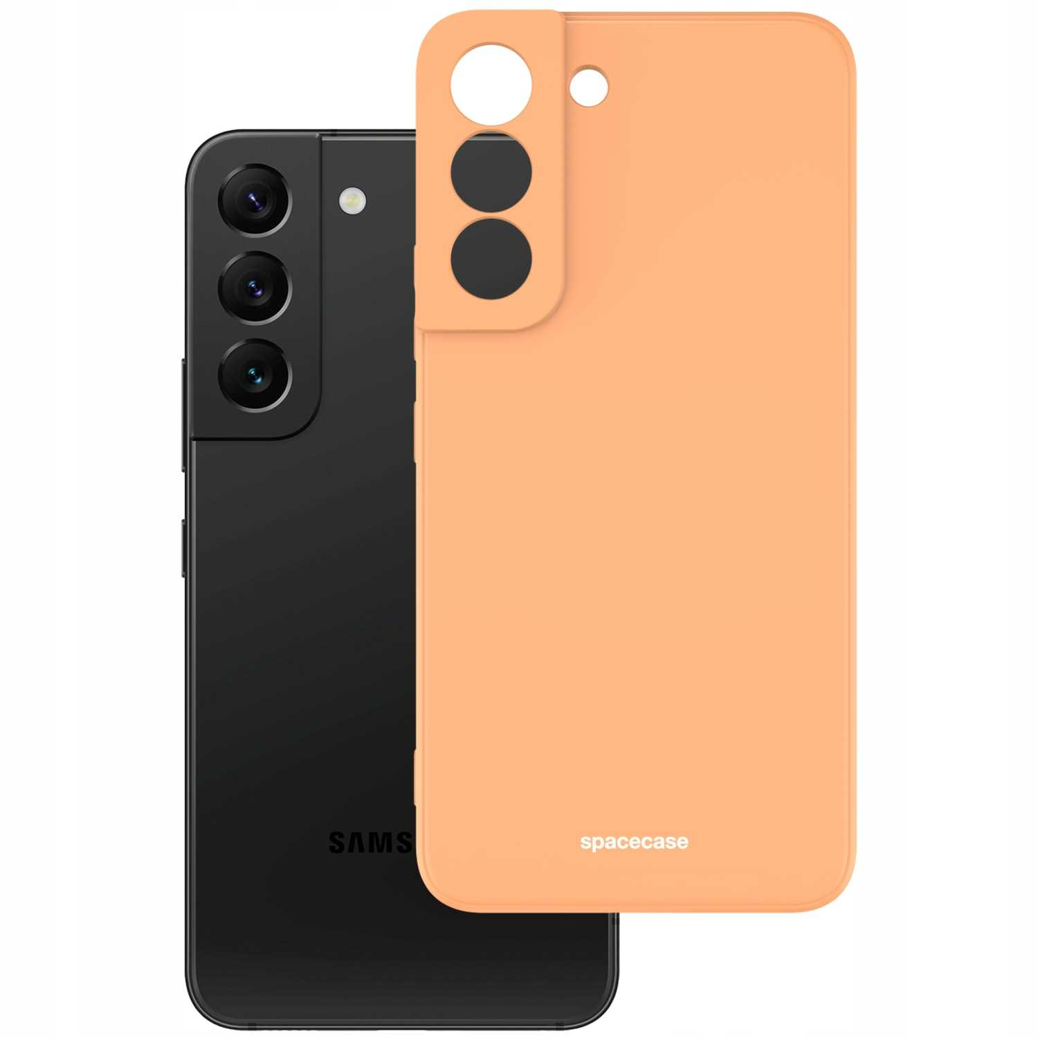 Pomarańczowe etui na telefon obok czarnego telefonu, logo „spacecase” na etui.