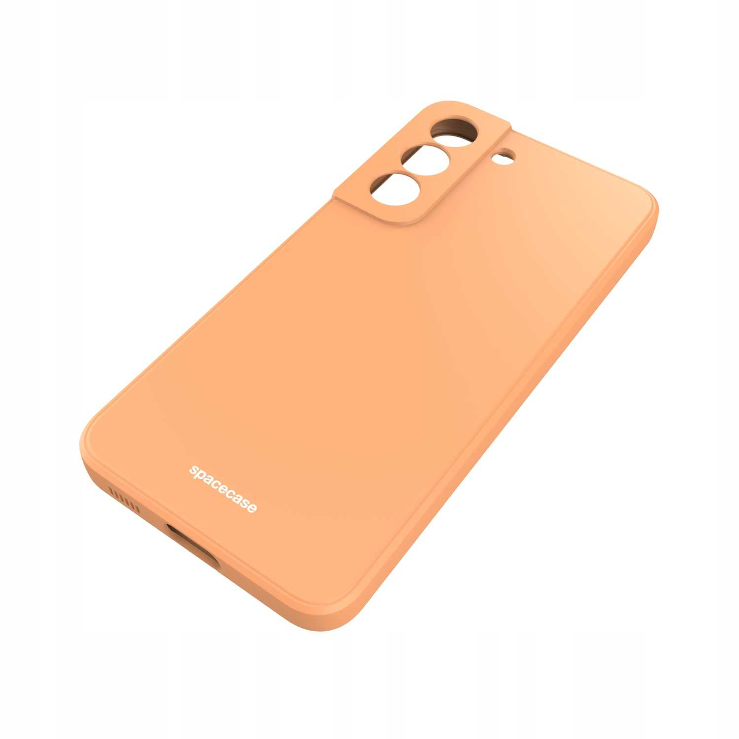 Pomarańczowe etui na telefon z napisem 'spacecase' na białym tle, na białym tle.
