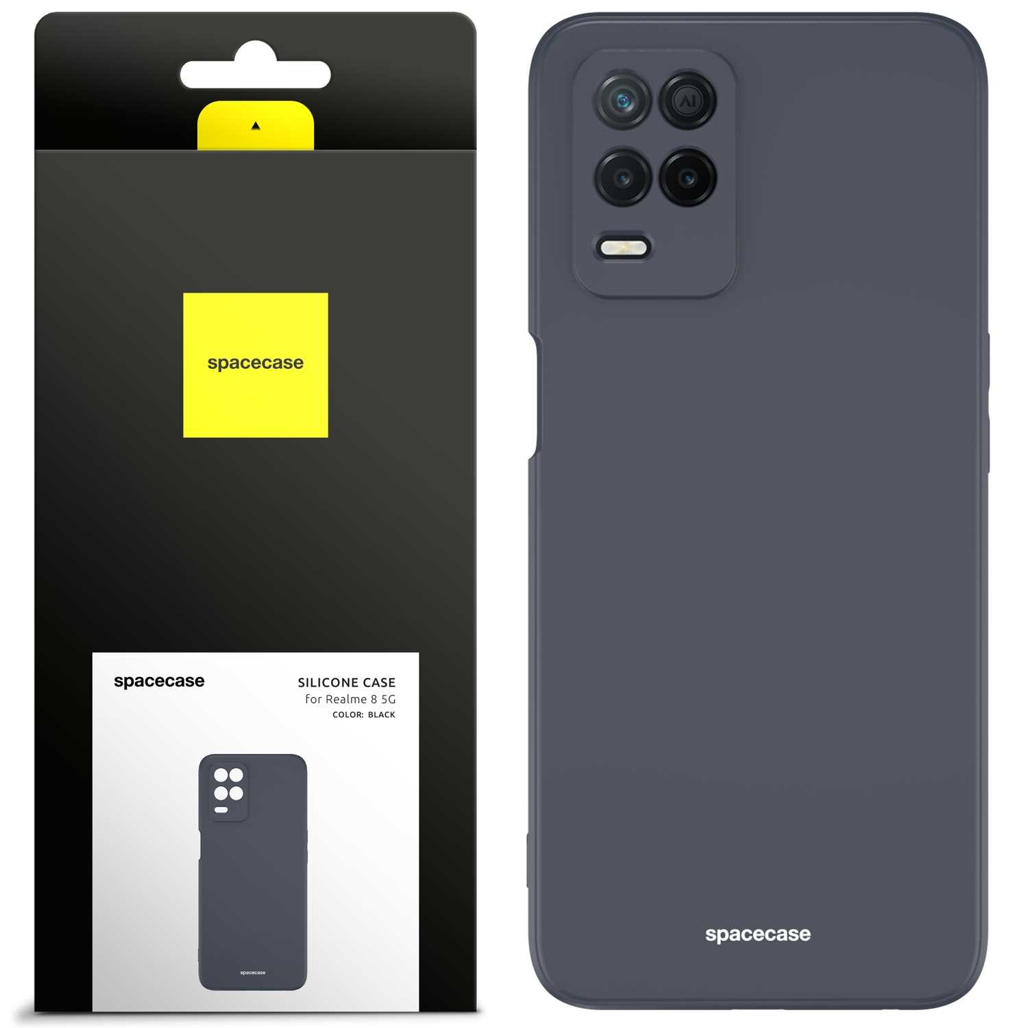 Czarne etui na telefon z pasującym pudełkiem. Etui jest przeznaczone do telefonu Realme 8 5G. Pudełko ma logo.