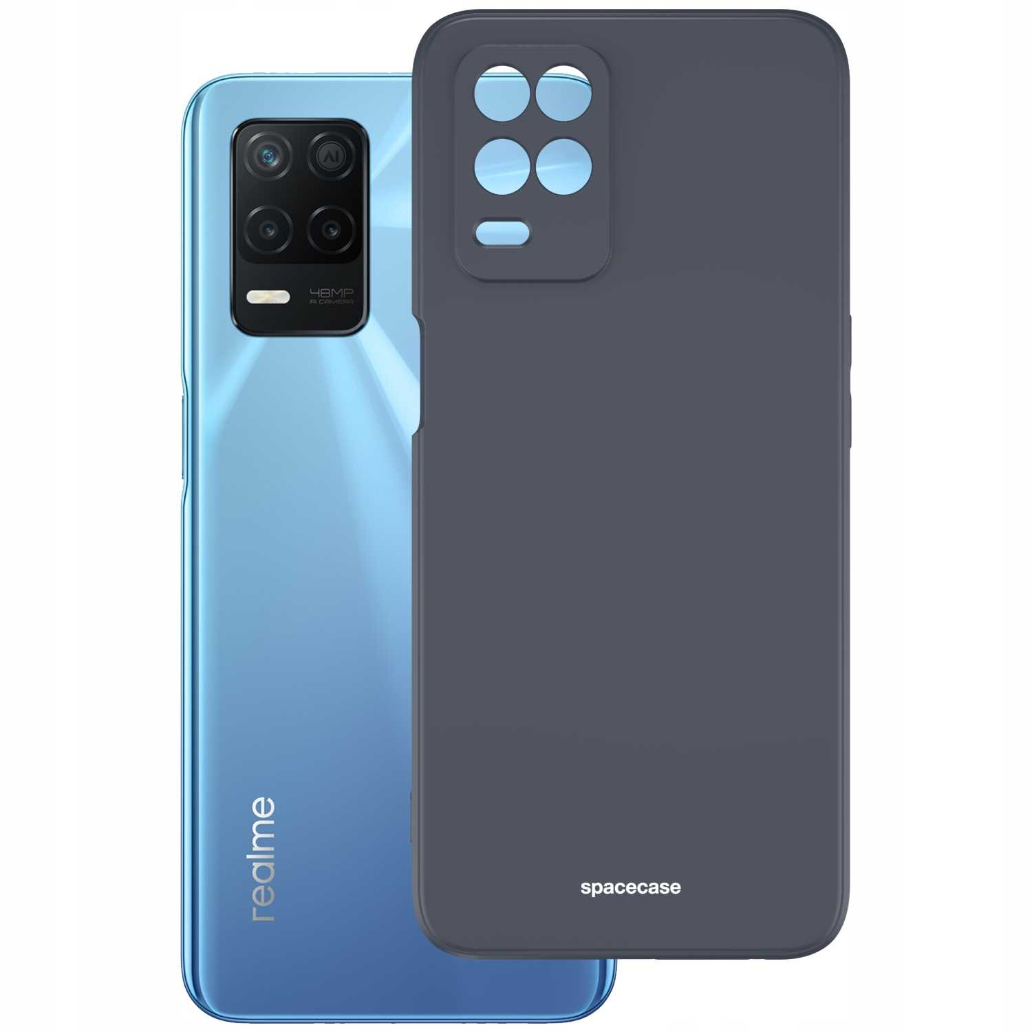 Niebieski telefon Realme i ciemnoszare etui na telefon z nadrukowanym logo 'spacecase'.