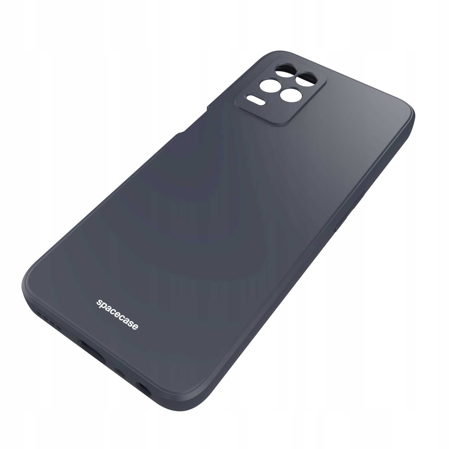 Ciemnoszare etui na telefon na białym tle, ustawione pod kątem, aby pokazać obszar aparatu i logo marki.