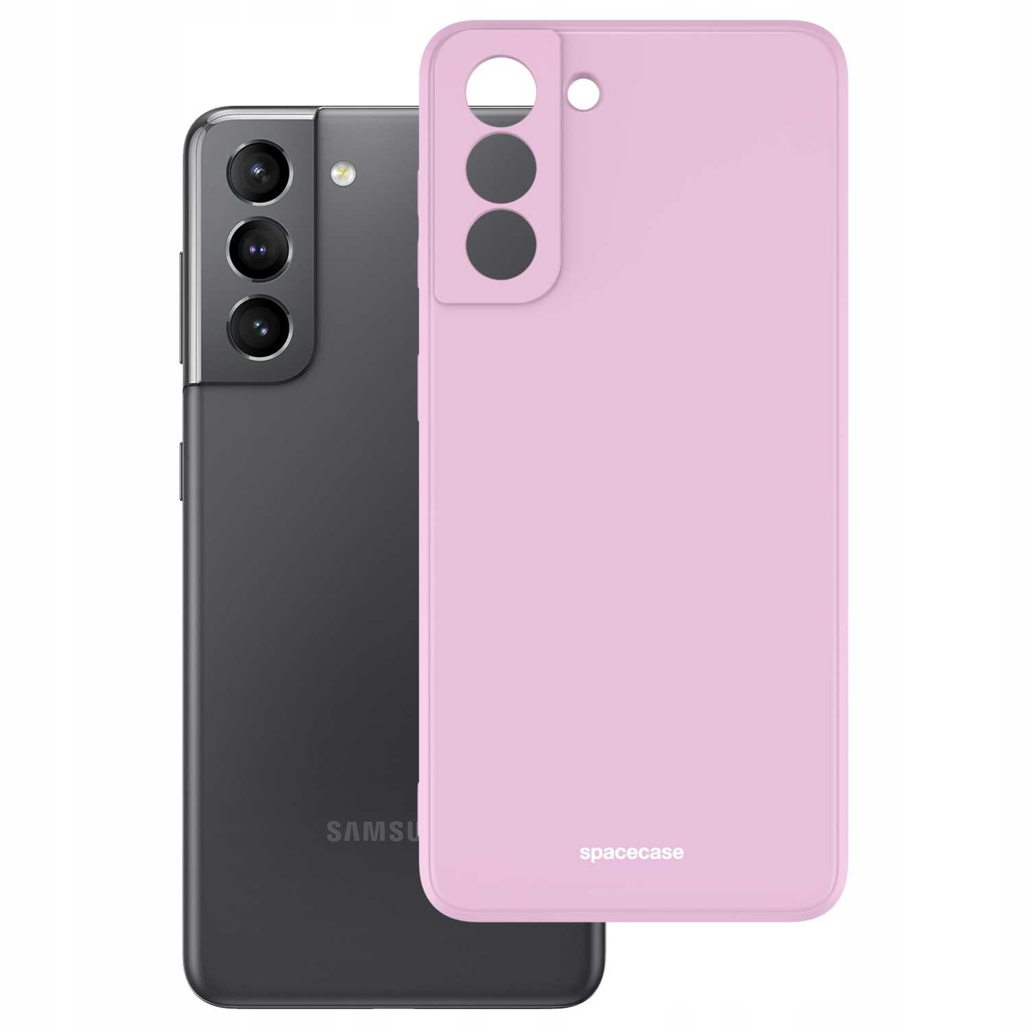 Czarny telefon obok liliowego etui na telefon. Etui ma subtelną nazwę marki na dole.
