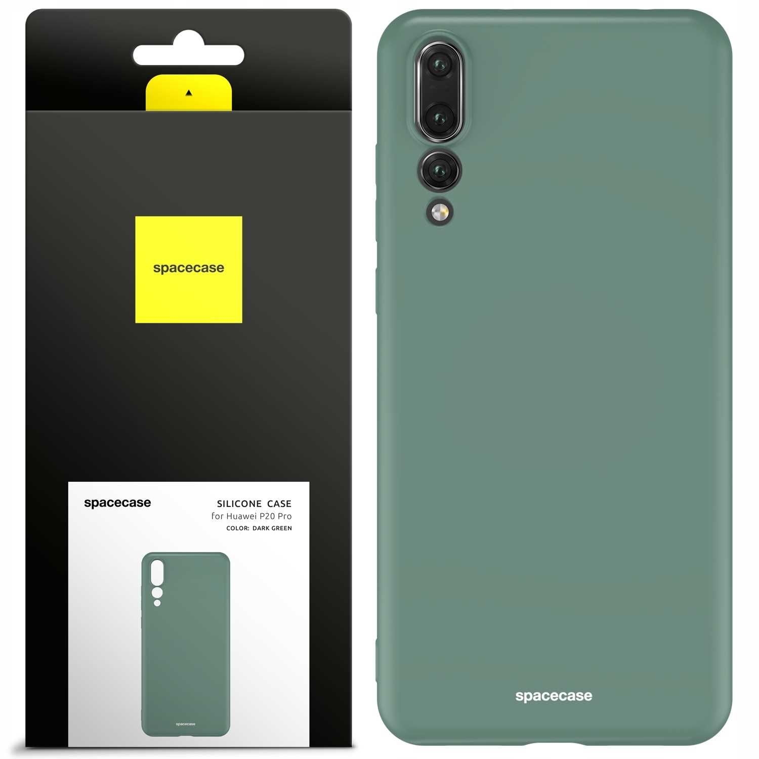Ciemnozielone etui na telefon pokazane z opakowaniem. Etui posiada wycięcia na aparat i subtelny branding.