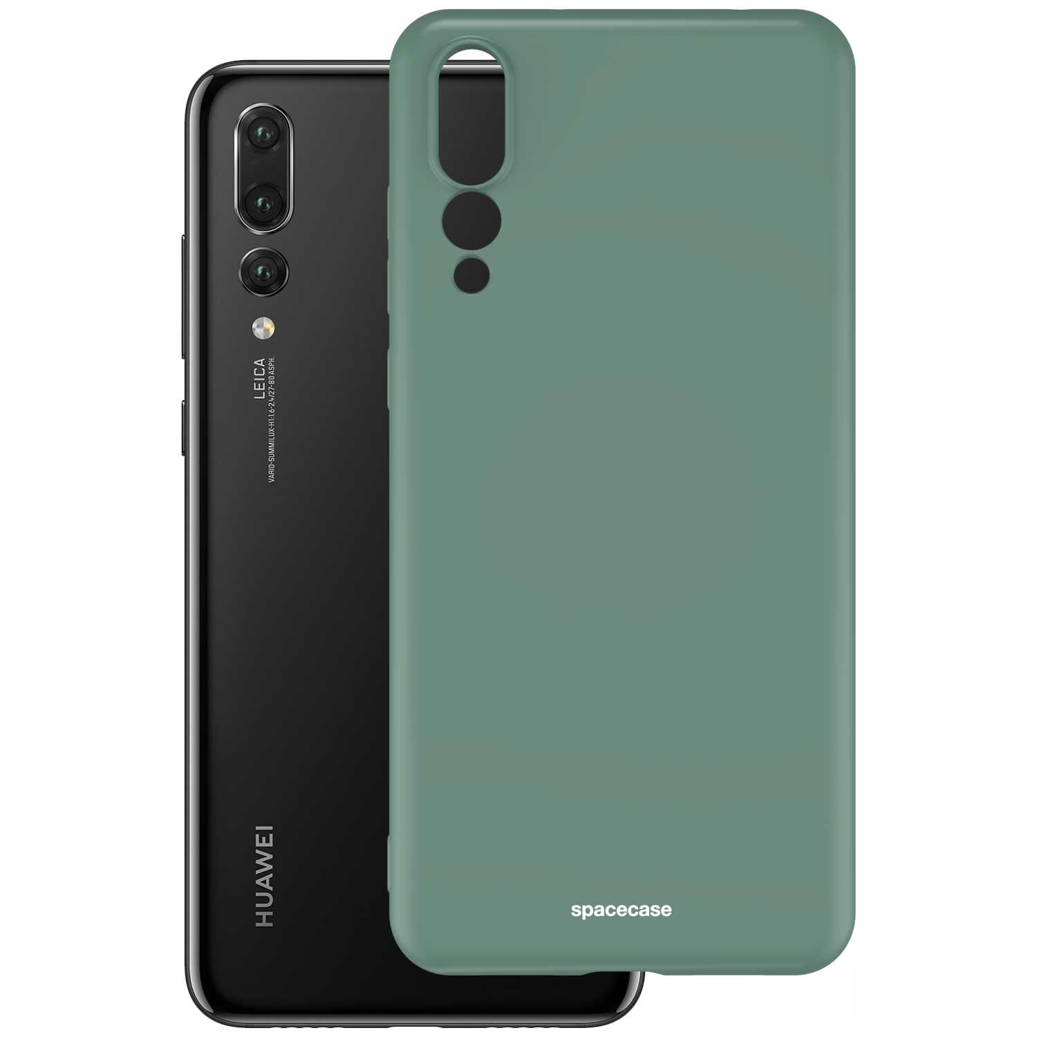 Zielone etui na telefon obok czarnego telefonu Huawei. Na etui widnieje napis „spacecase”.