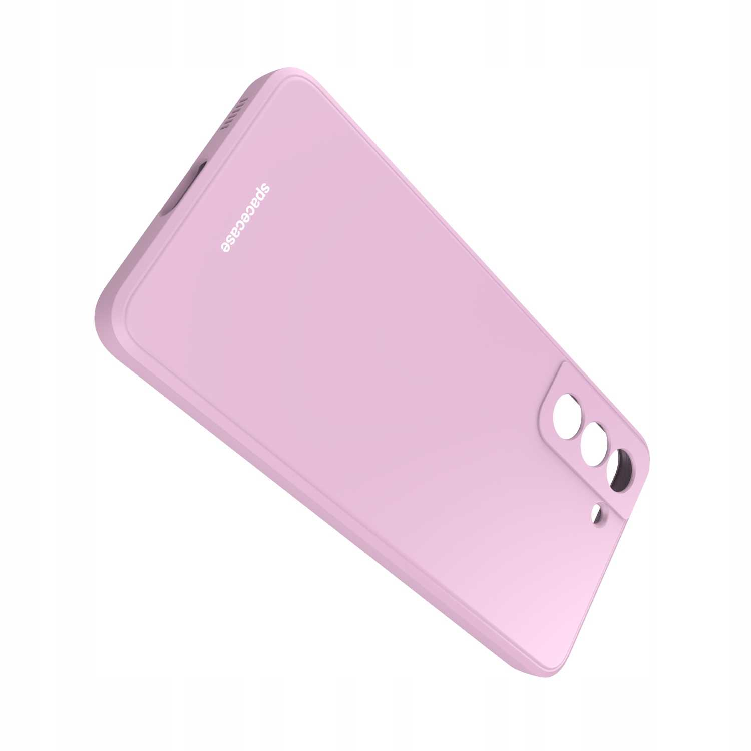 Różowe etui na telefon. Etui ma trzy otwory na obiektywy aparatu w prawym dolnym rogu.