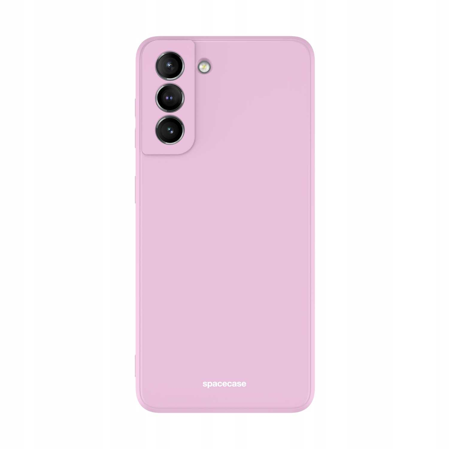 Różowe etui na telefon z wypukłością na aparat. Białe tło. Nazwa marki na dole.