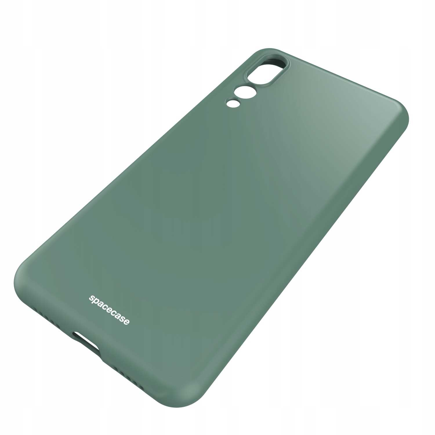 Zielone etui na telefon z wypukłością na aparat. Białe tło. Nazwa marki na dole.
