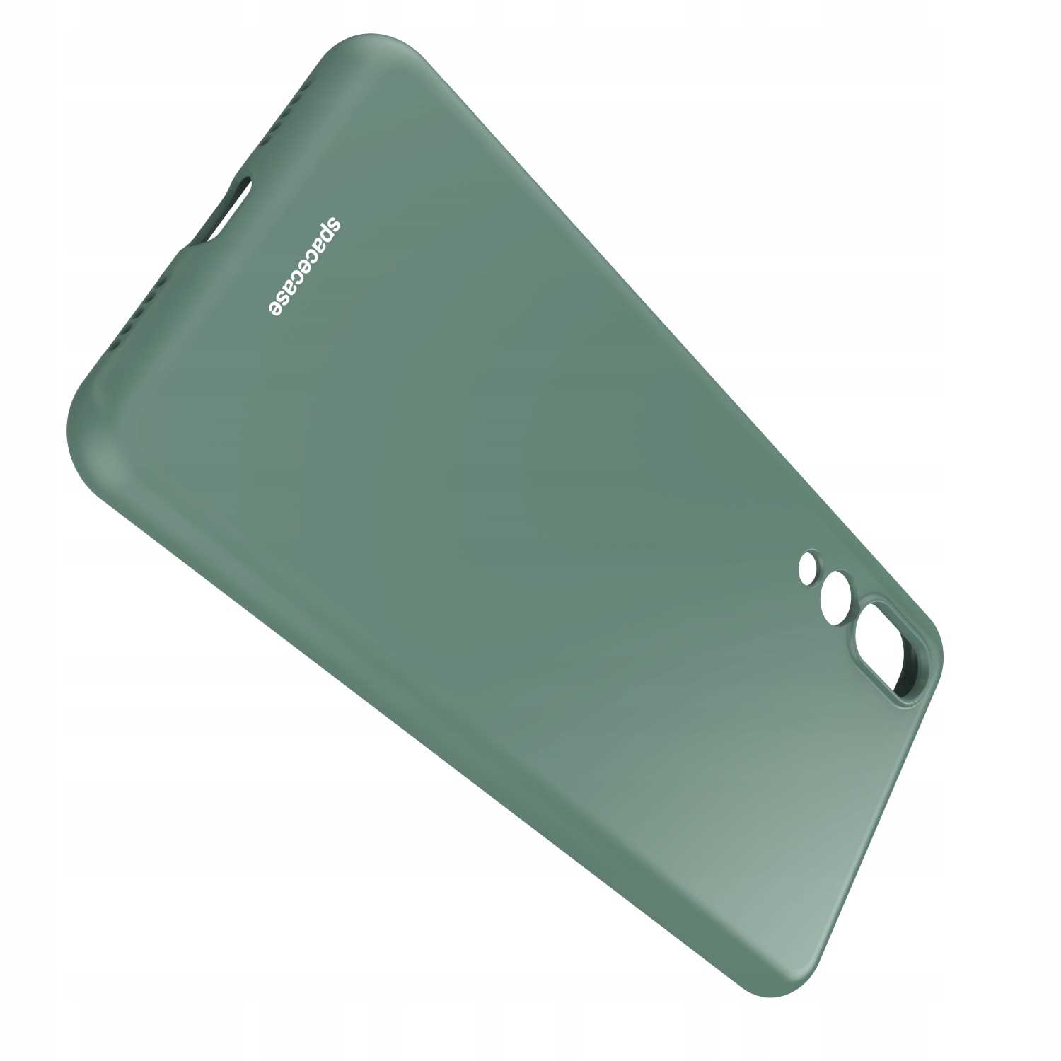 Zielone etui na telefon z napisem 'spacecase'. Są otwory na aparat i inne funkcje.