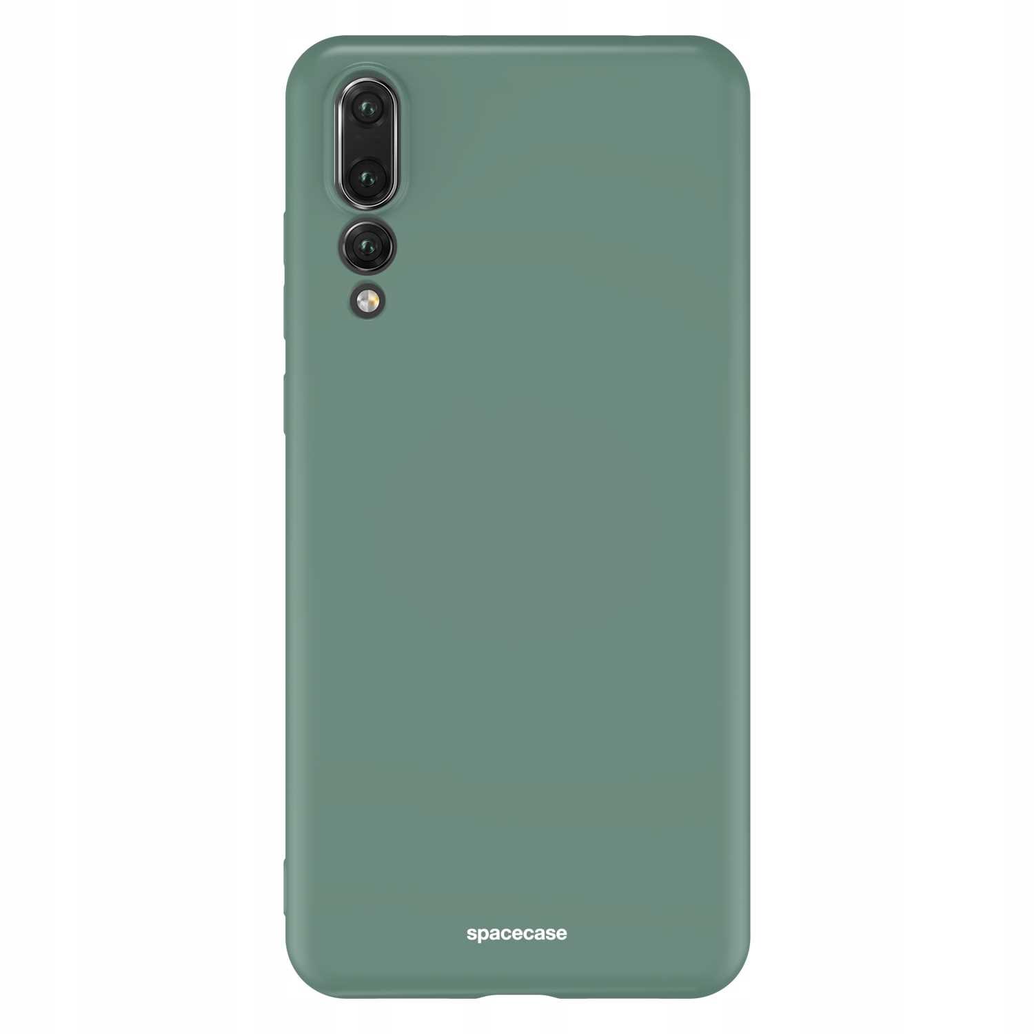 Zielone etui na telefon z napisem 'spacecase'. Etui zakrywa telefon z wieloma aparatami.
