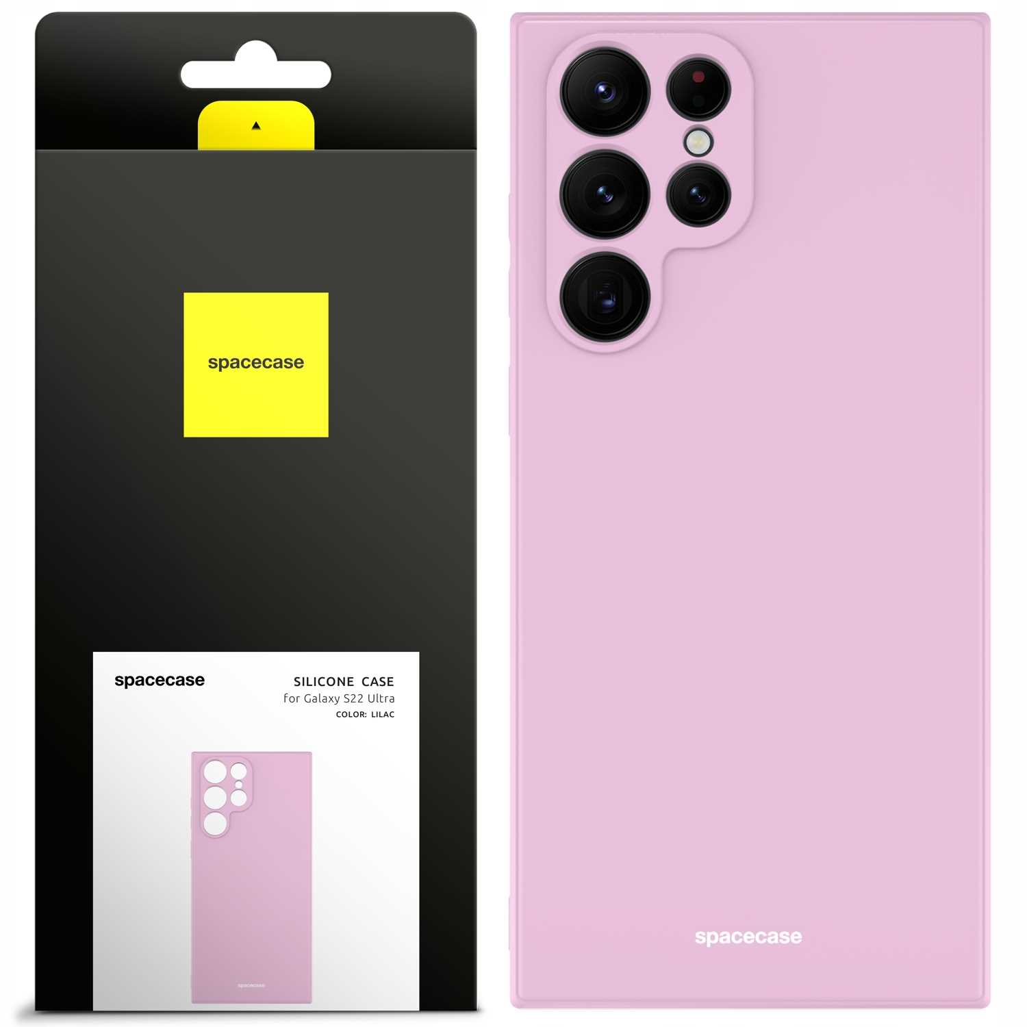 Liliowe etui na telefon Galaxy S22 Ultra, obok pudełka, oba z logo 'spacecase'.