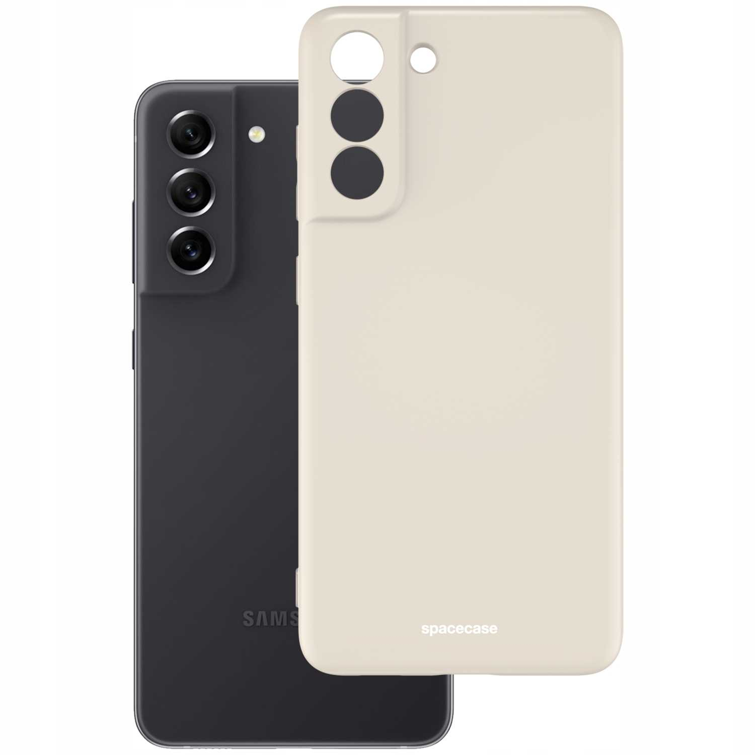 Czarny telefon obok kremowego etui na telefon 'spacecase', oba na białym tle.