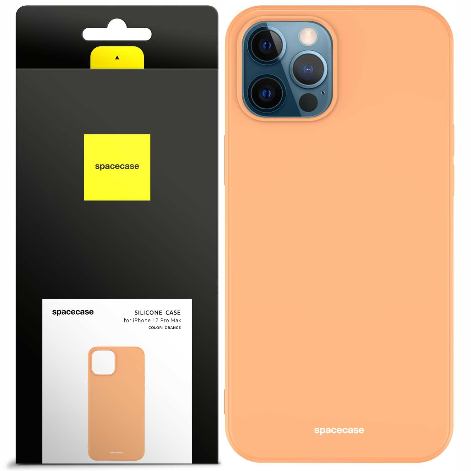 Pomarańczowe silikonowe etui na iPhone'a 12 Pro Max firmy Spacecase jest wyświetlane w opakowaniu.