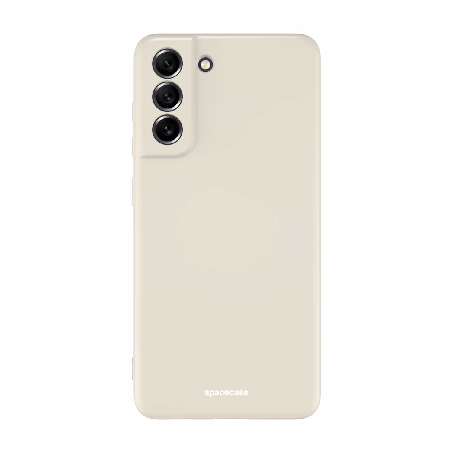 Beżowe etui na telefon z wycięciami na aparat stoi na białej powierzchni.