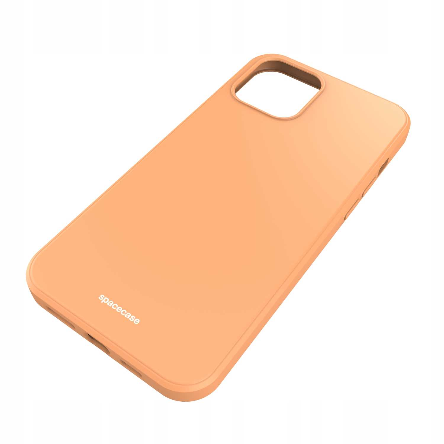 Brzoskwiniowe etui na telefon jest pokazane na białym tle, z napisem „spacecase”. 