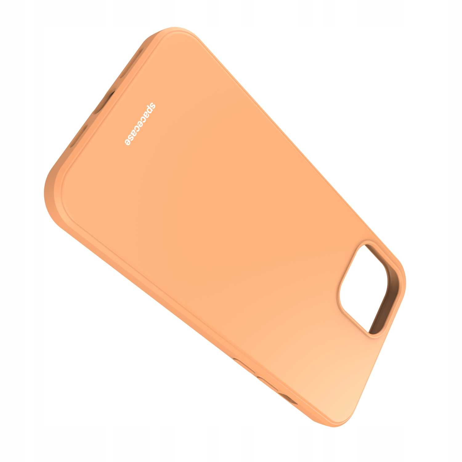 Brzoskwiniowe etui na telefon jest ustawione pod kątem na białym tle, z widocznym po boku napisem „spacecase”. 