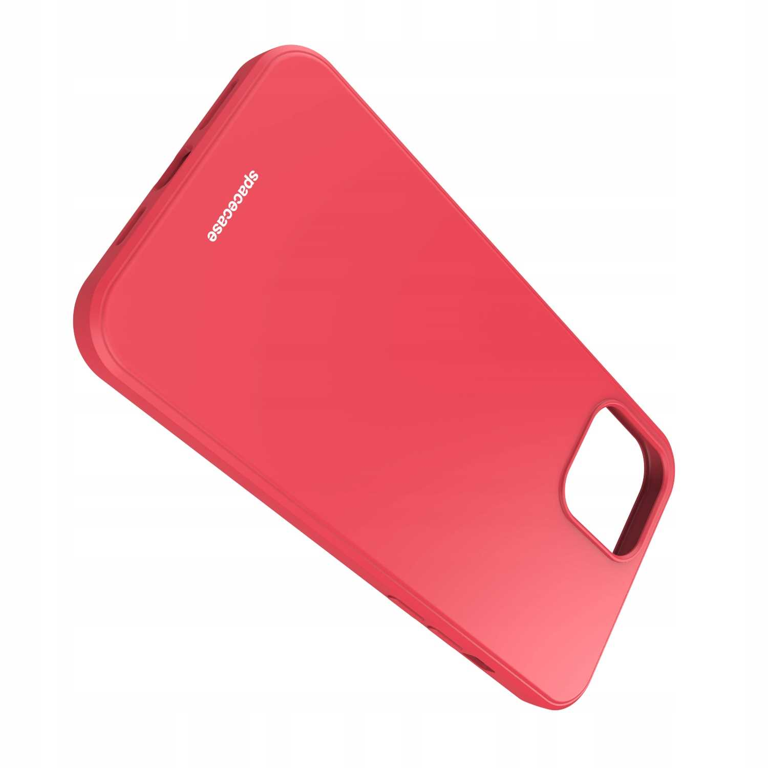 Czerwone etui na telefon ustawione pod kątem na białym tle. Na boku nadrukowano napis „spacecase”.