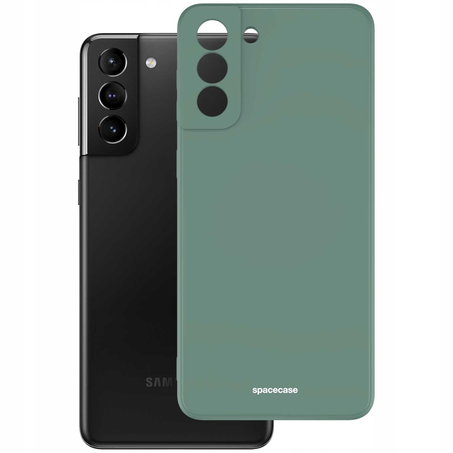 Ciemnozielone etui na telefon obok czarnego Samsunga S21+. Na boku nadrukowano napis „spacecase”.