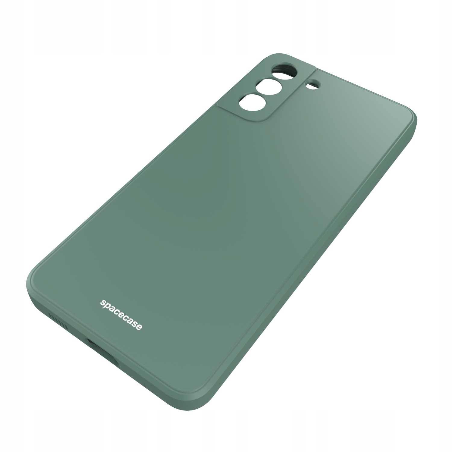 Zielone etui na telefon jest ustawione pod kątem na białym tle, prezentując obszar aparatu i nazwę marki.