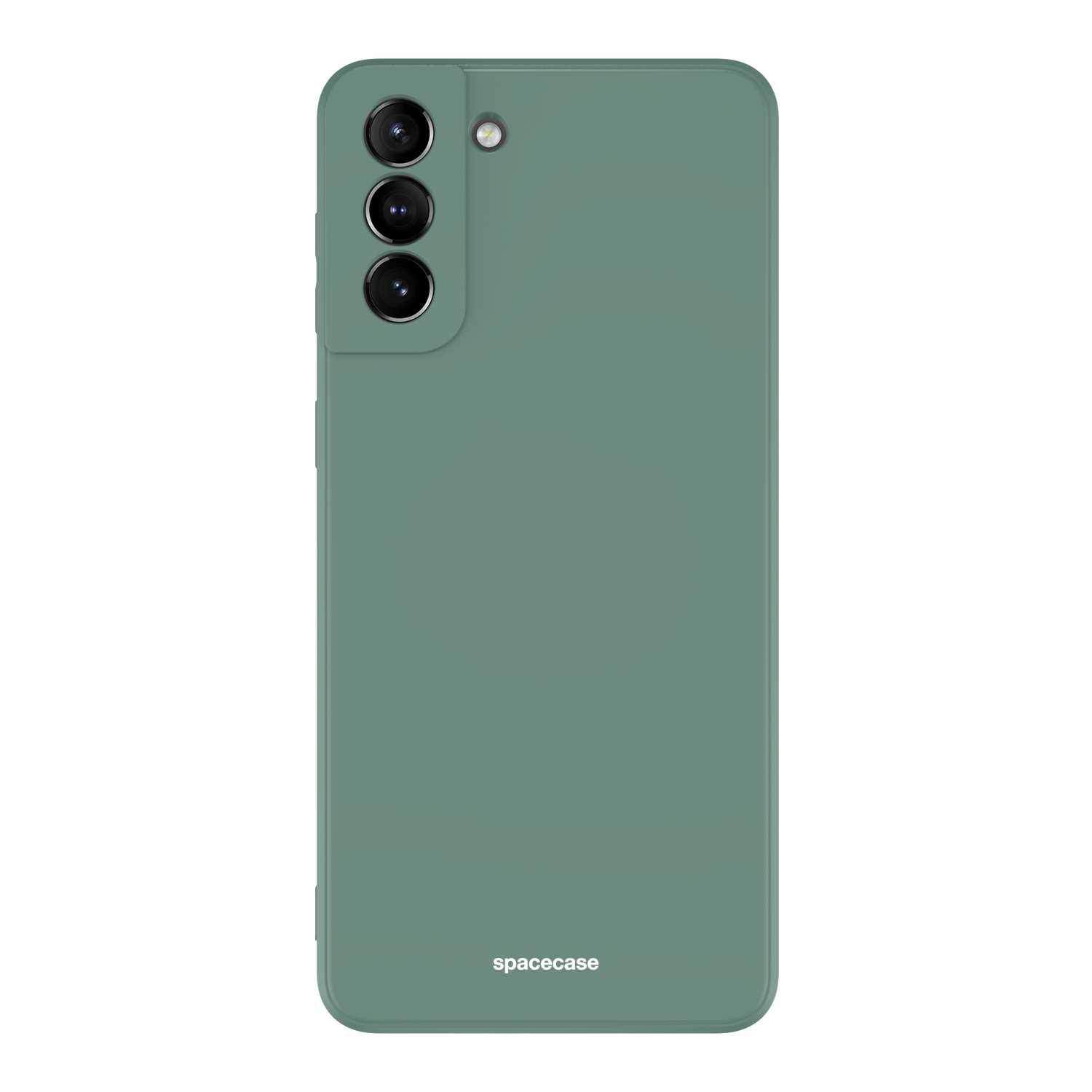 Zielone etui na telefon stoi na białej powierzchni, prezentując konfigurację aparatu i logo marki.