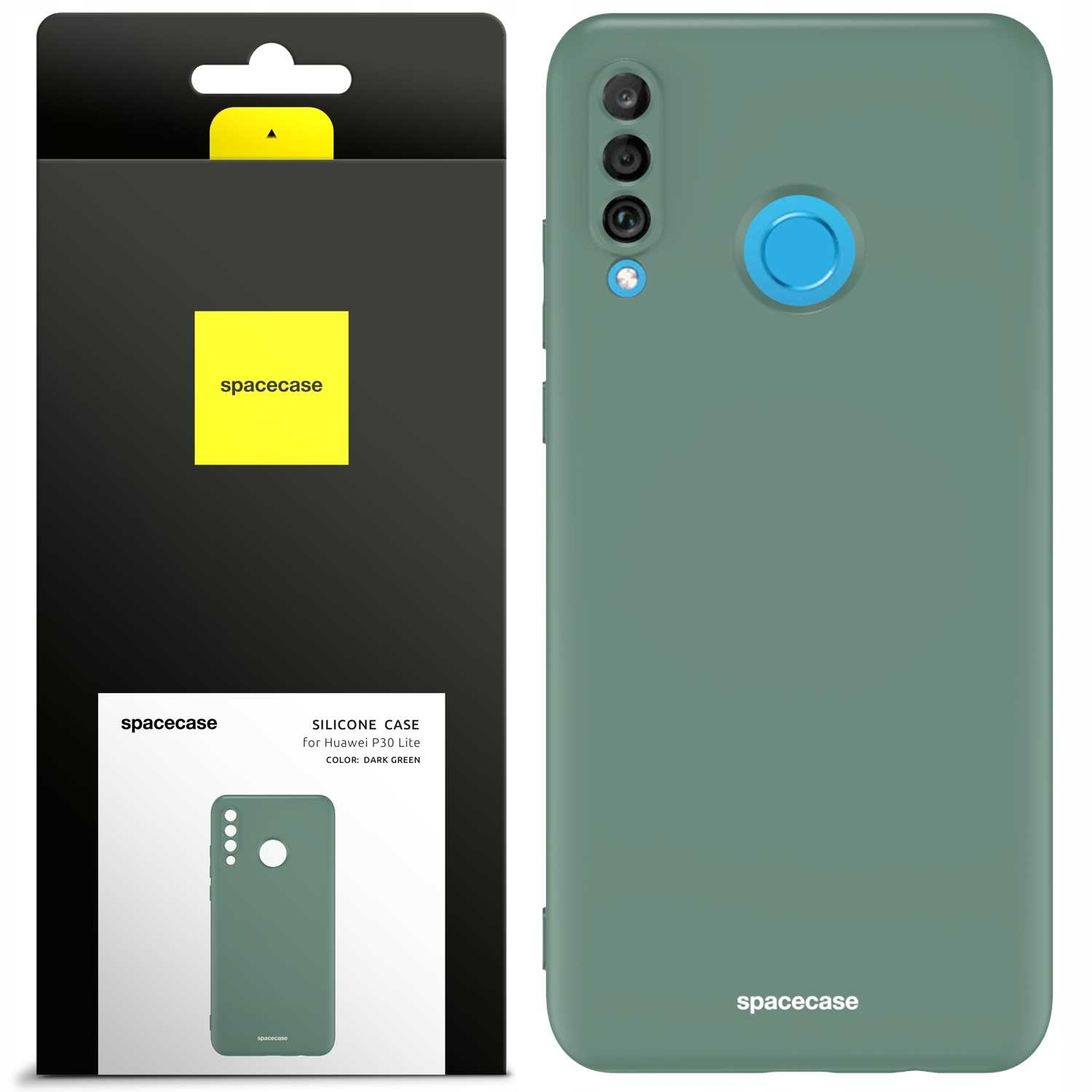 Ciemnozielone etui na telefon Huawei P30 Lite z logo Spacecase obok pudełka.
